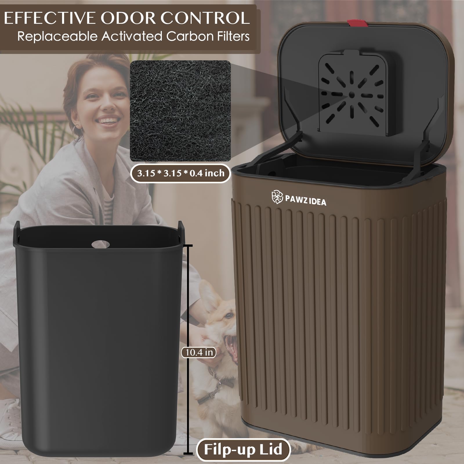 PAWZIDEA Wall Mount Dog Poop Trash Can Outside, 2.1 Gallon Small Dog Waste Bin with Lid, Activated Carbon Odor Control, Waterpro