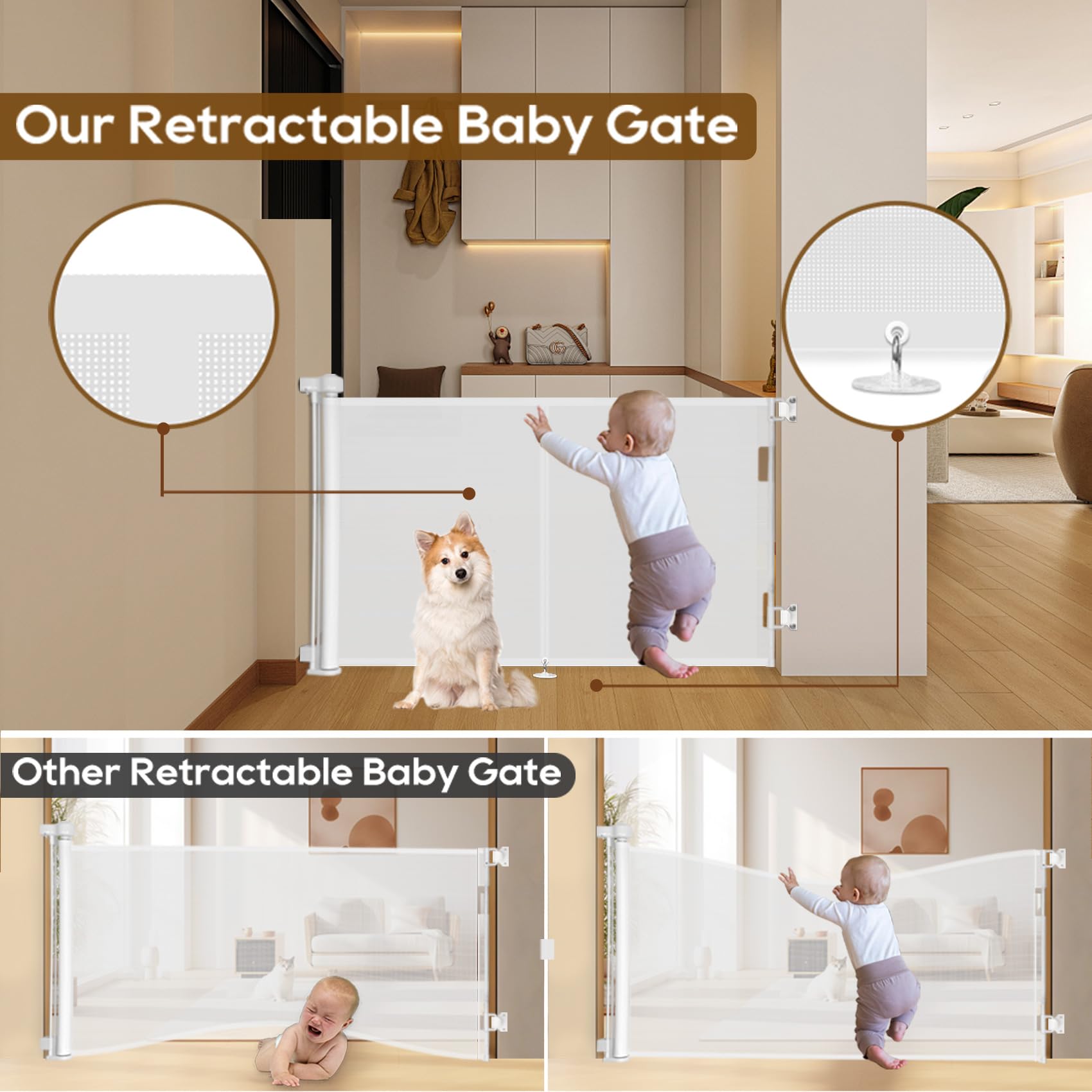 Upgrade 59' Retractable Baby Gates With Reinforced Strip Design To Prevent Crawling Through, 48' Tall Retractable Gate For Baby And Pet, 5 Ft Baby Gates For Stairs, Doorways, Hallways