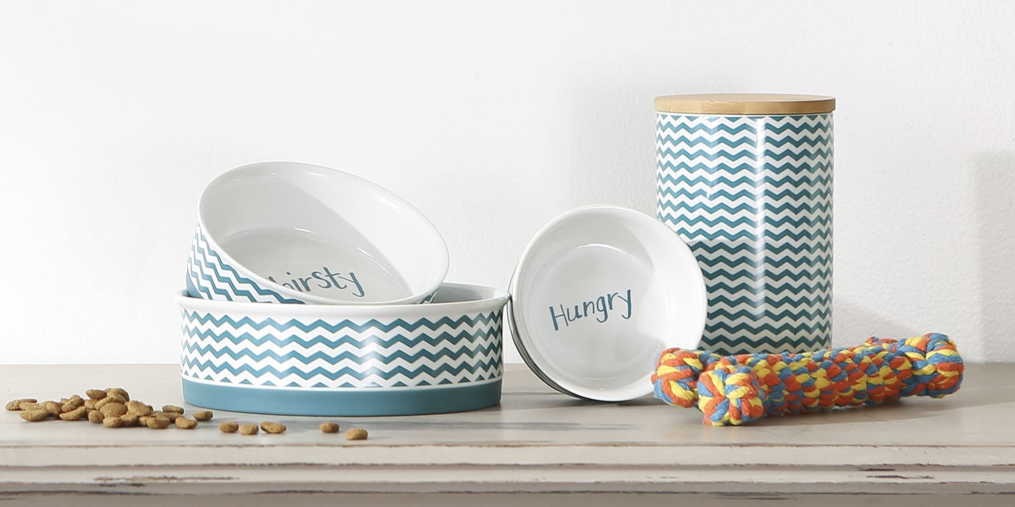 Bone Dry Chevron Ceramic Pet Treat Canister with Bamboo Lid, Dishwasher Safe Countertop Storage, Keep Dog & Cat Treats Safe & Dr