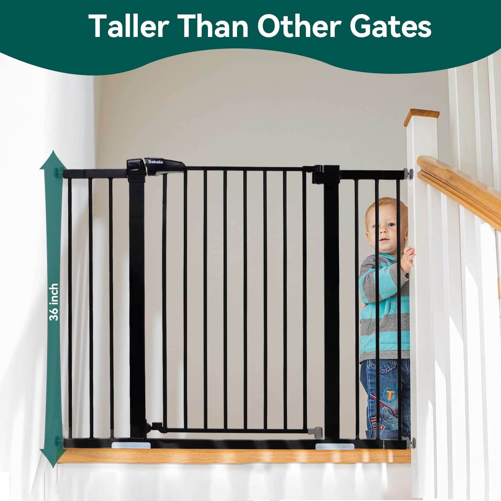 Babelio 36' Tall Baby Gate, 29-48' Auto-Close And Pressure Mounted Baby Gate For Stairs, Doorways, Hallway, Easy Walk Thru Pet Gate, Metal Child Gate With 2*Y Spindle Rods, Black