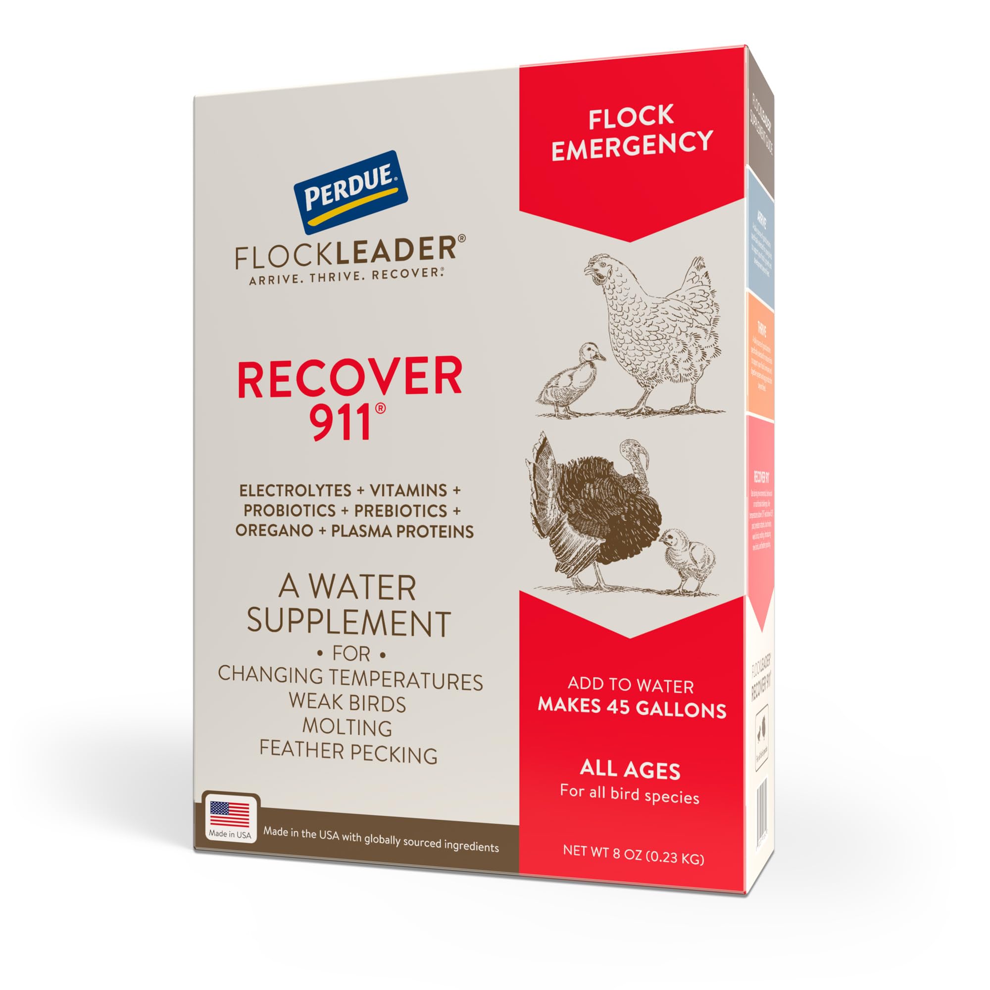 FlockLeader Recover 911, Severe Stress Probiotic Water Supplement for Chickens with Electrolytes, Prebiotics & Oregano, Molting,