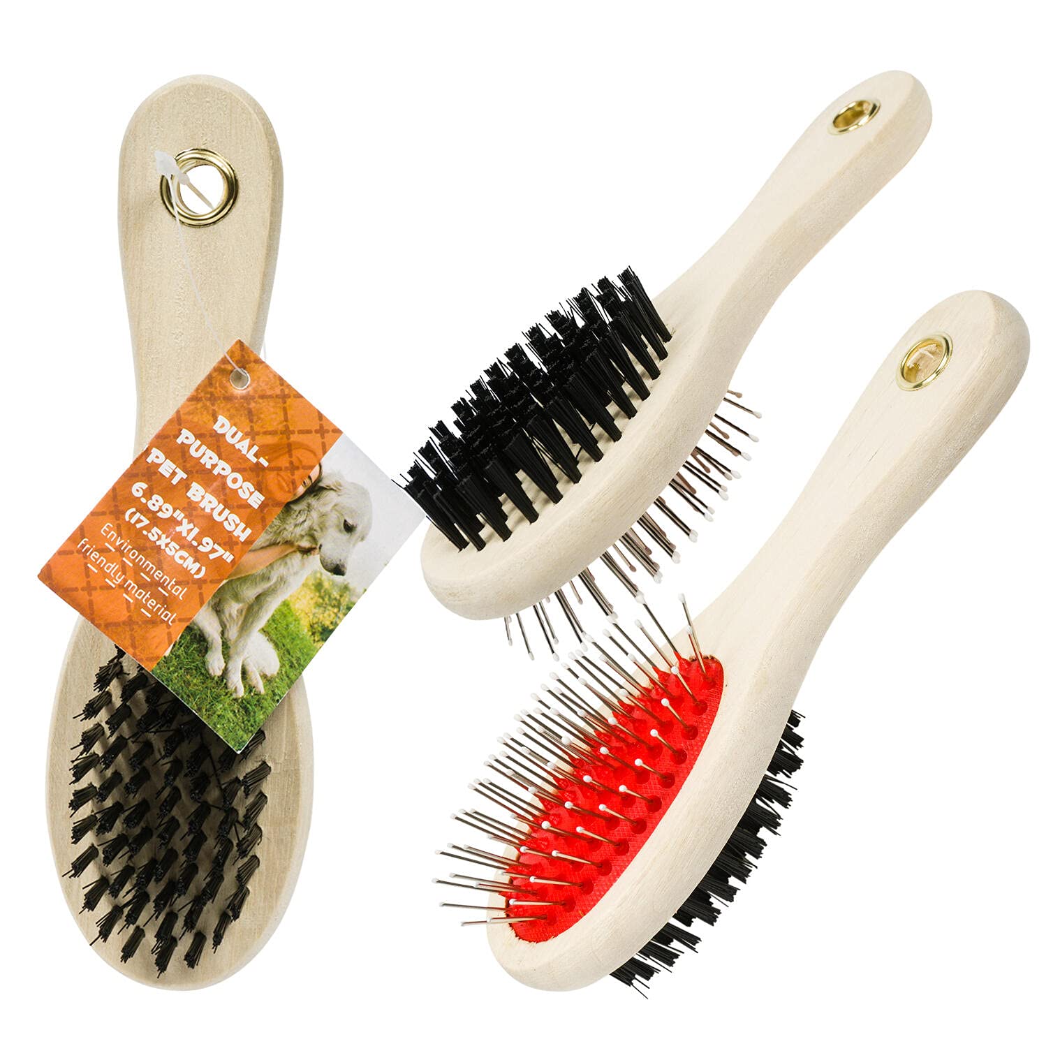 Pets Wooden Double Sided Pin Dog Brush, Dog Deshedding Grooming Brush For Cat, Small And Medium Dogs