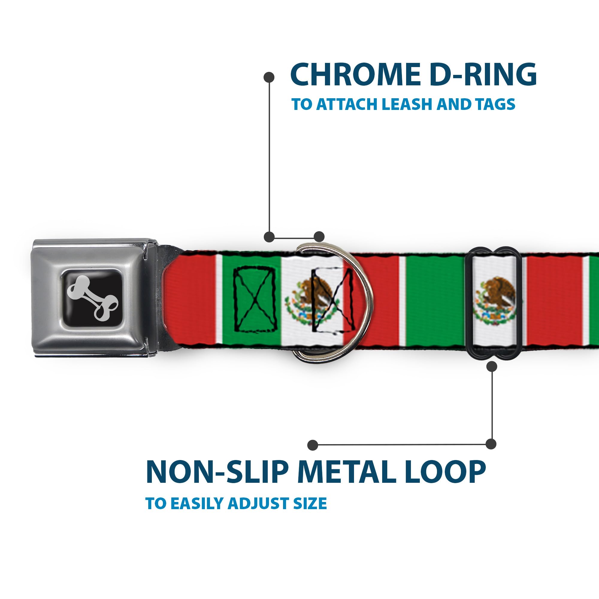 Buckle-Down Seatbelt Buckle Dog Collar - Mexico Flags - 1.5' Wide - Fits 18-32' Neck - Large