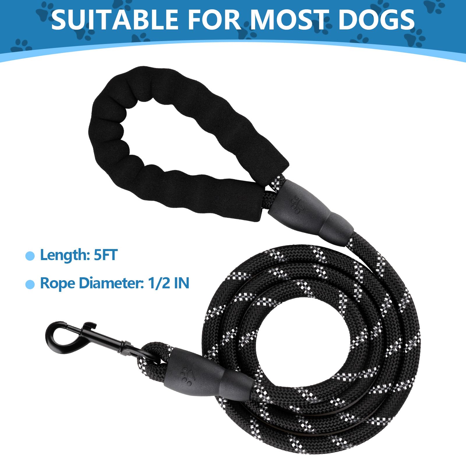 Rpeconu 5Ft Dog Leash With Soft Padded Handle, Pet Highly Reflective Leash For Small Medium Large Sized Dogs, 1/2 Inch, Black