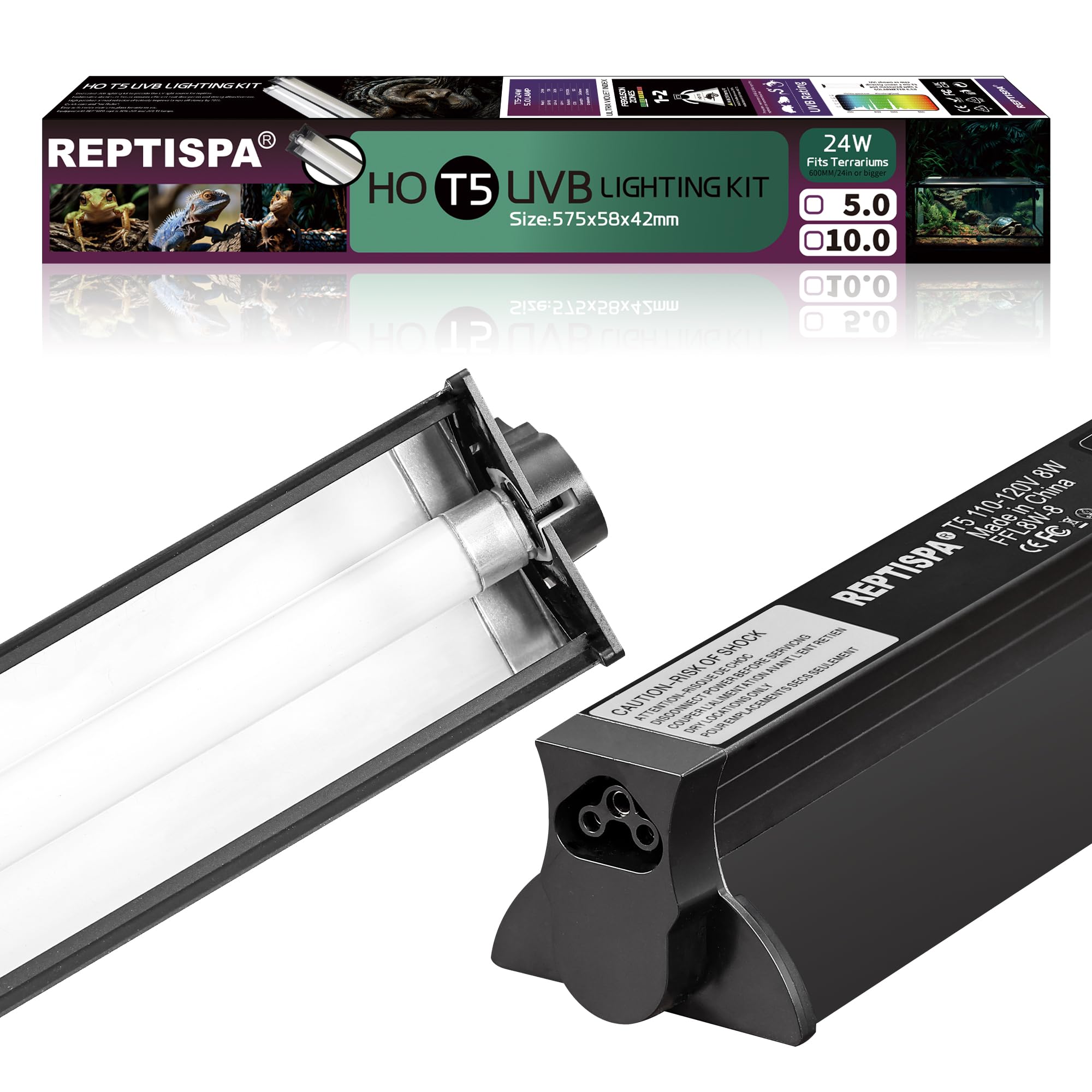 T5 Ho Uvb Lighting Combo Kit, 24W Reptile Light Fixture With Fluorescent Light Bulbs, Desert 10.0 Uvb Light For Reptiles And Amp