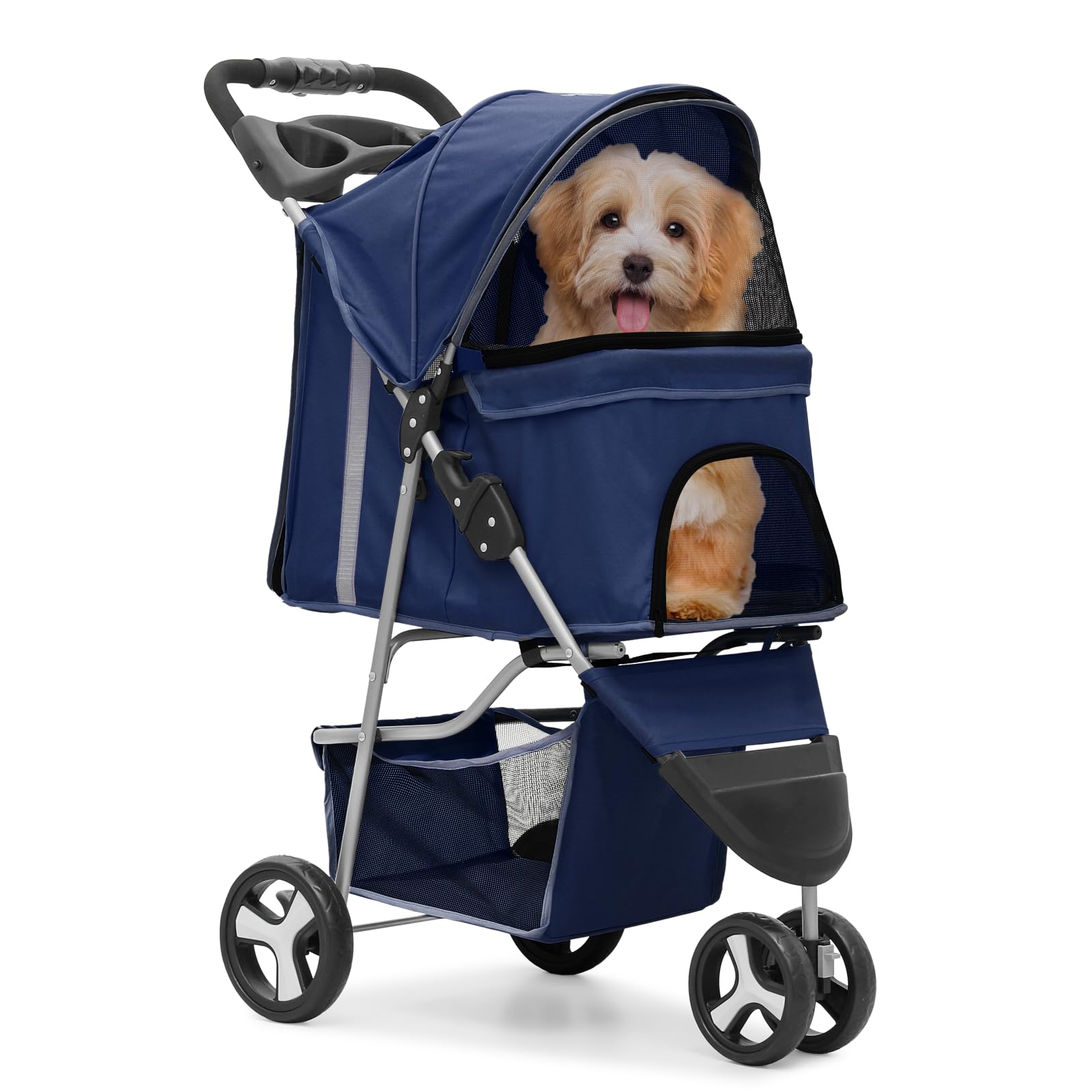 MoNiBloom Pet Stroller, Foldable Dog/Cat Jogger with Weather Cover, Storage Basket, Mesh, 13"x29"x40", Navy Blue, Model A78-PS-001-N