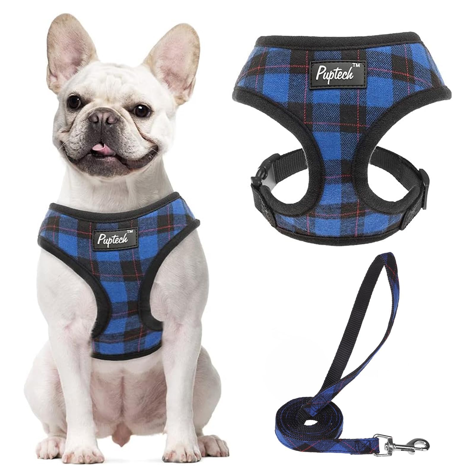 Pupteck Soft Mesh Dog Harness And Leash Set Pet Puppy Cat Comfort Padded Vest No Pull Harnesses, Navy Blue, S