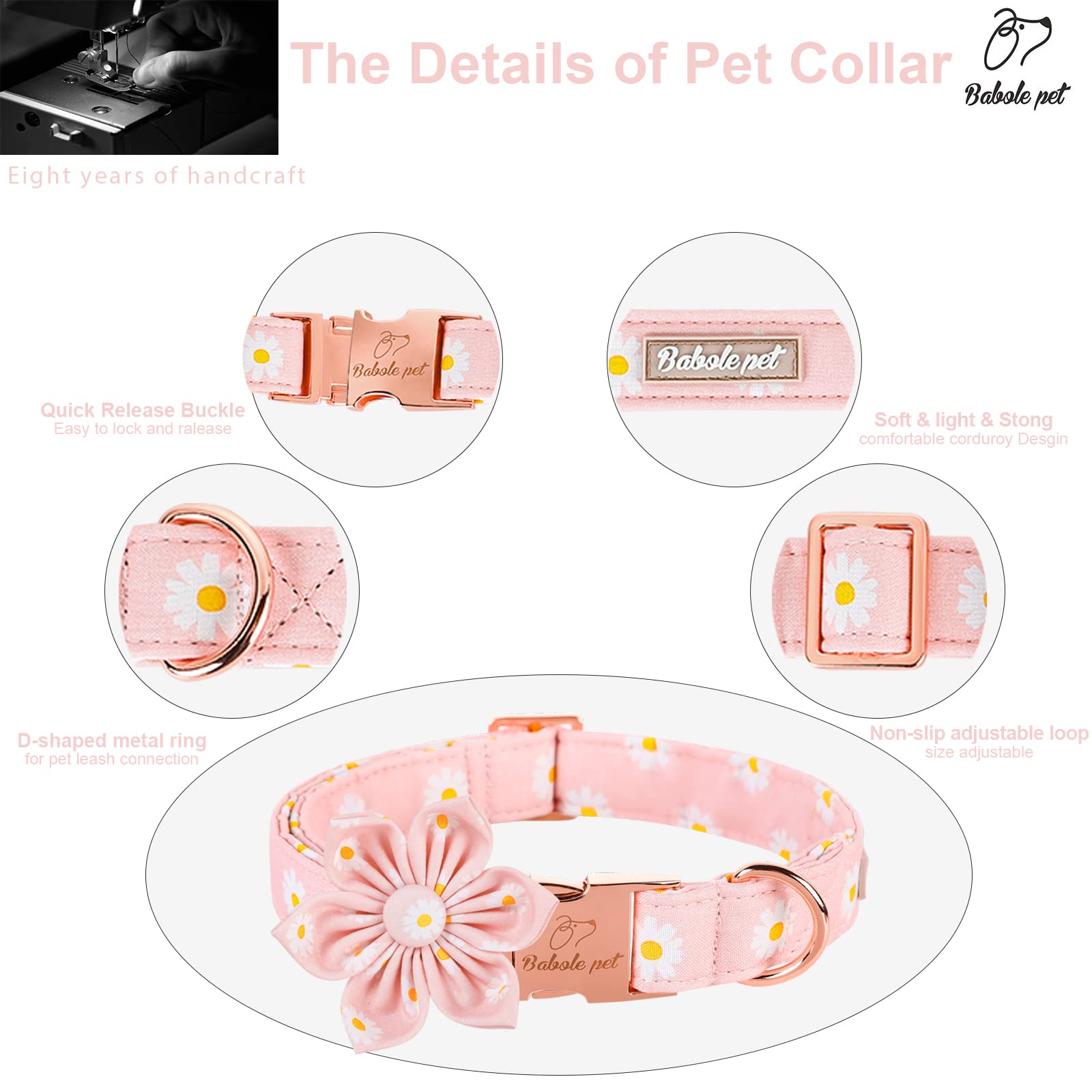Babole Pet Dog Collar With Pink Daisy Flower Tie,Cotton Dog Collar With Safety Metal Buckle Adjustable Puppy Collars For Small Medium Large Boy&Girl Dog,X-Large,Neck 16'-26'