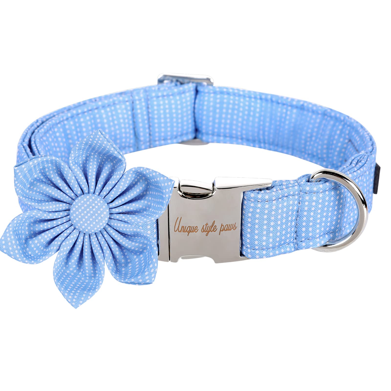 Unique Style Paws Dog Collar With Flower Tie Blue Dot Summer Dog Collar For Small Medium Large Dogs With Adjustable Metal Buckle -Xl