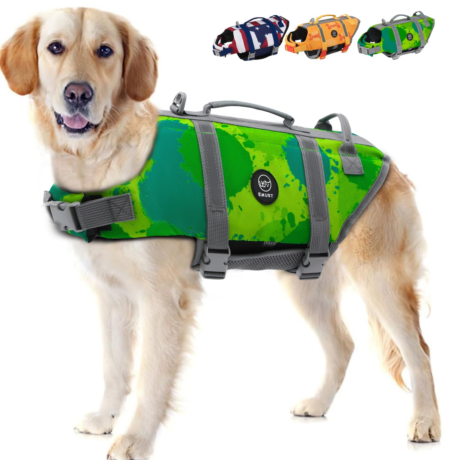Emust Dog Life Jacket, Xl, Multigreen, Waterproof, Breathable, Adjustable With Rescue Handle, For Swimming Pool Beach Boating