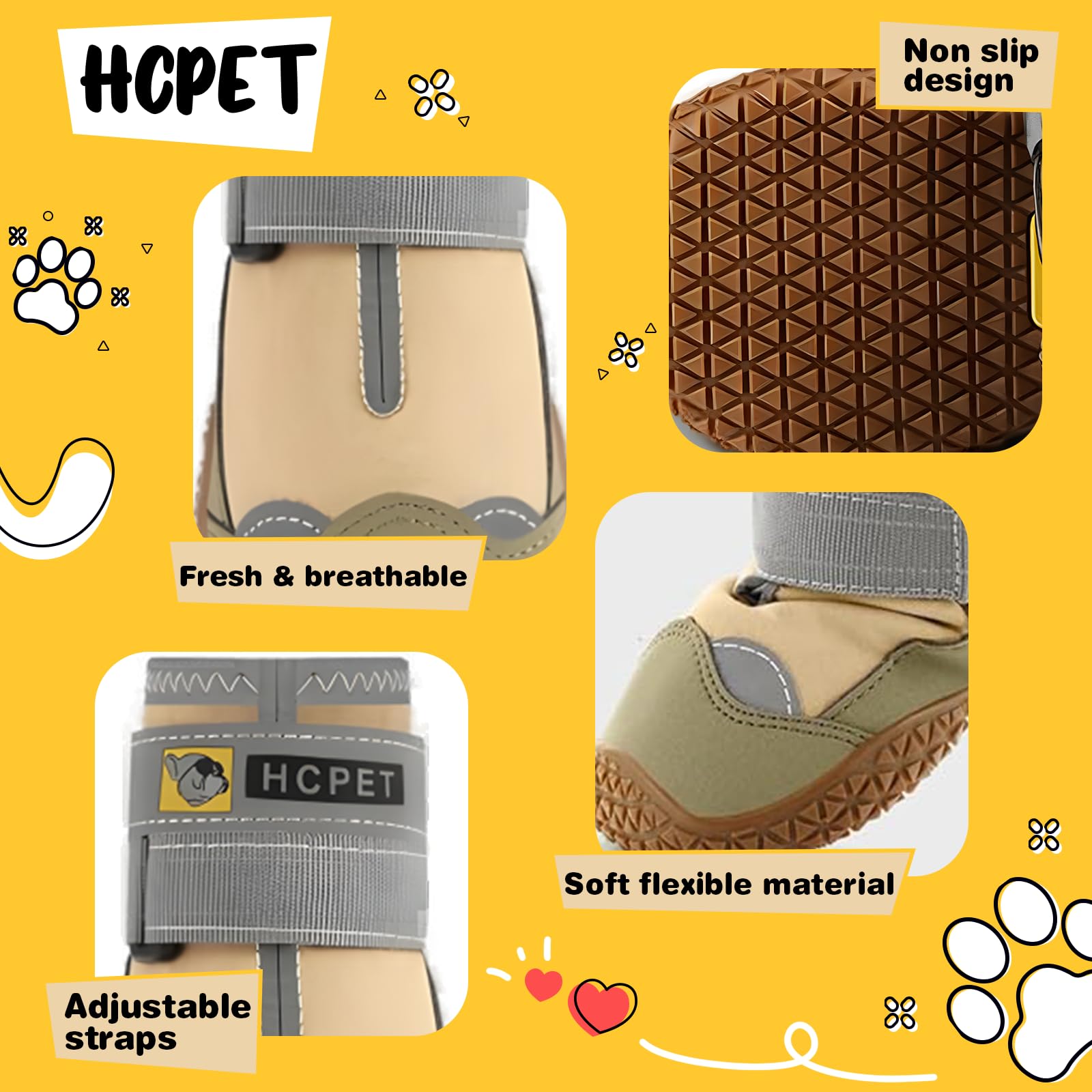 Hcpet Dog Boots Waterproof Anti-Slip Booties for Medium Large Dogs, #3 (1.77" width) Khaki, Reflective Straps, 4PCS