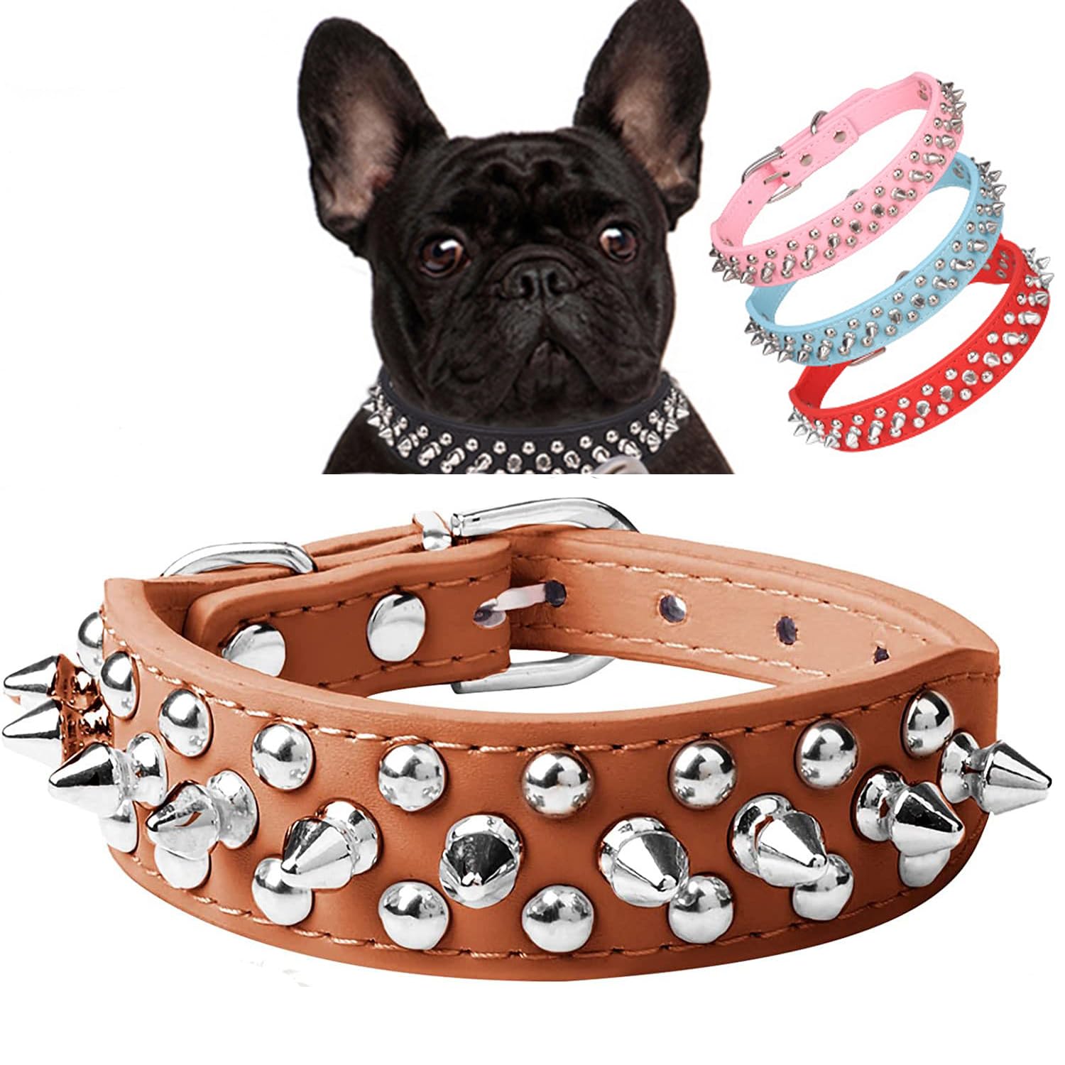 Serijoars Spiked Dog Collar Soft Pu Leather Mushrooms Rivet Spike Studded Dog Collar Adjustable Puppy Collars (L, Brown)
