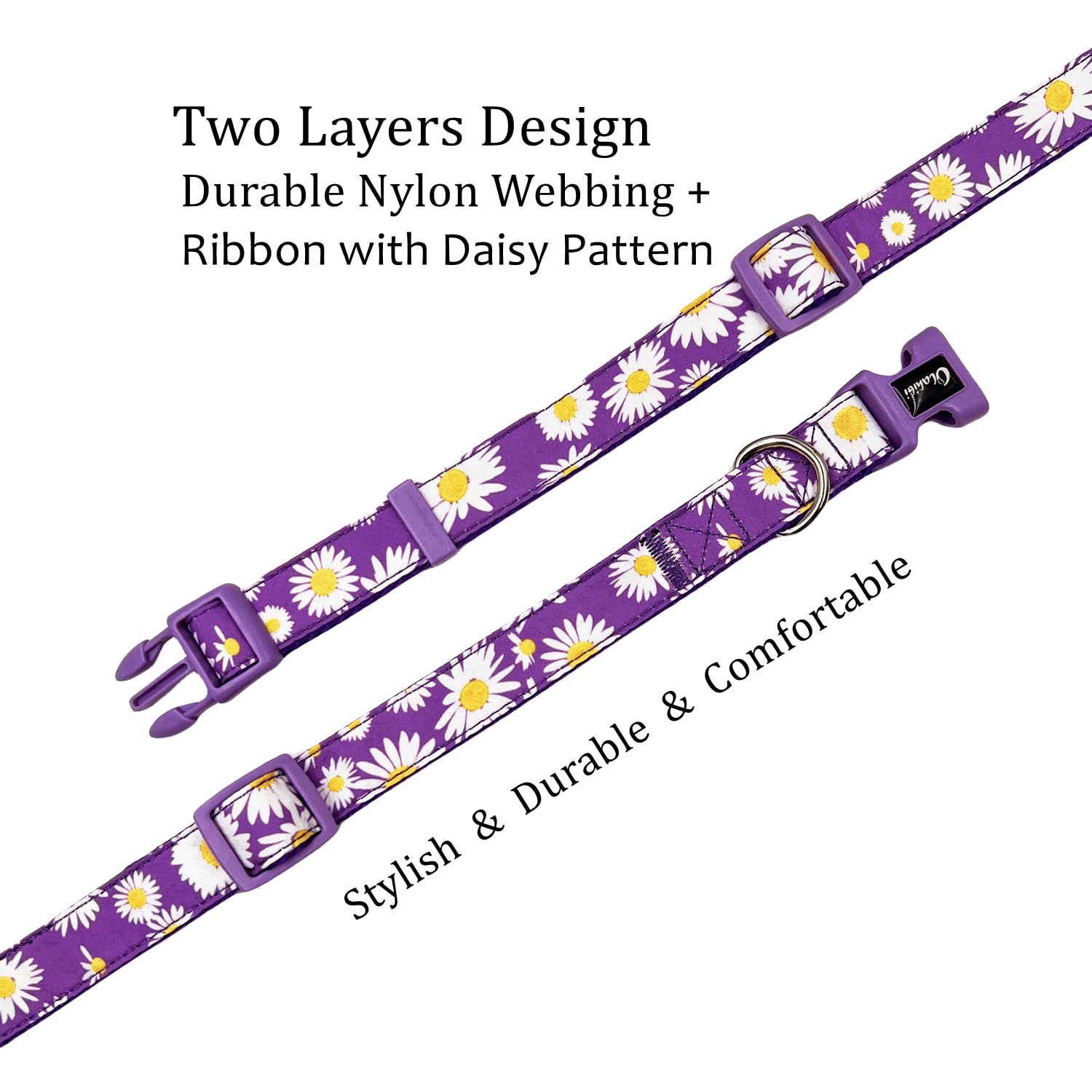 Olahibi Dog Collar Leash Set, Floral Pattern, Nylon Webbing Plus Cotton Ribbon, 5Ft Matching Leash, For Small Dogs.(S, Purple Da
