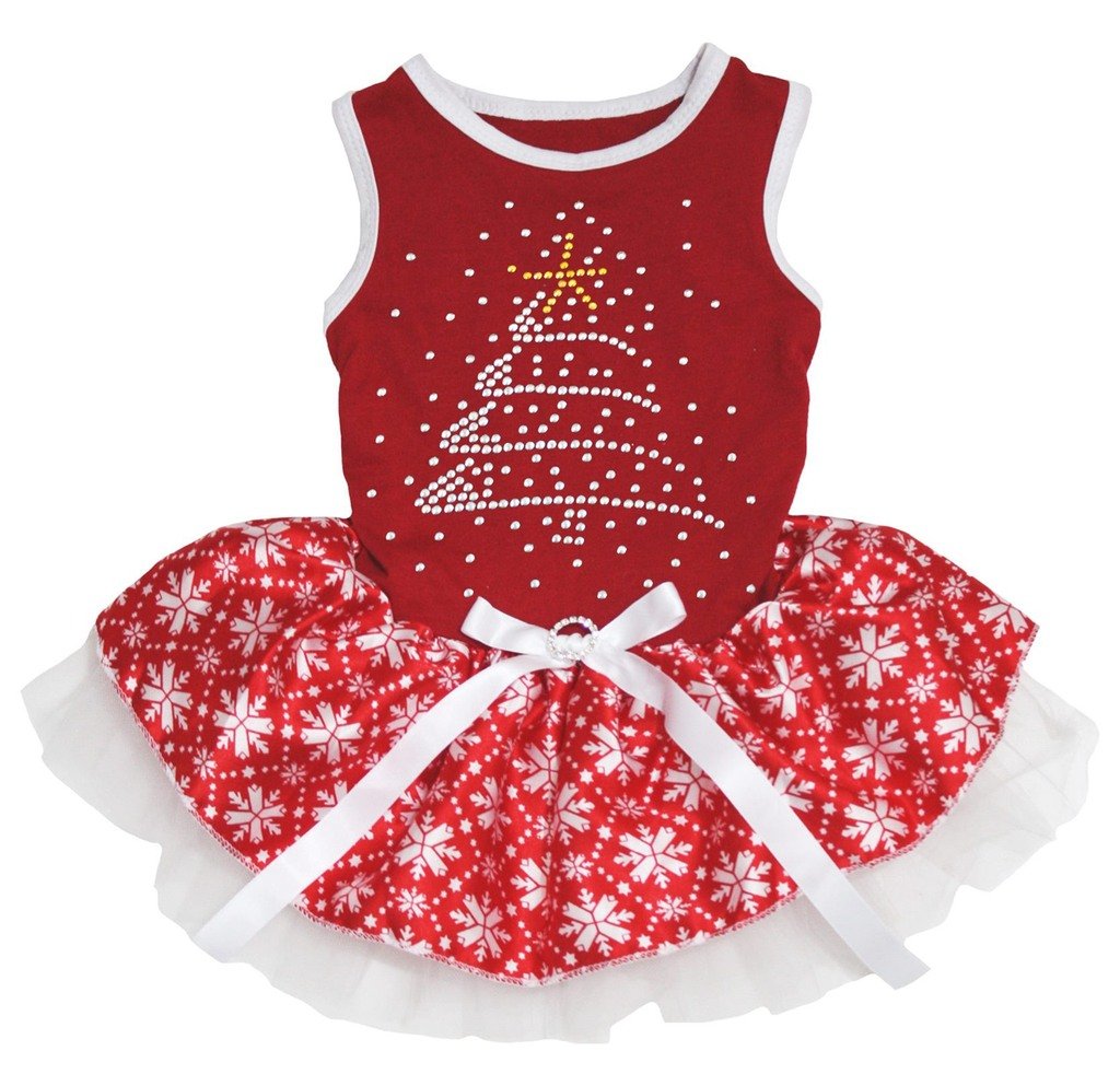 Petitebella Rhinestone Christmas Tree Puppy Dog Dress (Red/Red Snowflakes, X-Large)