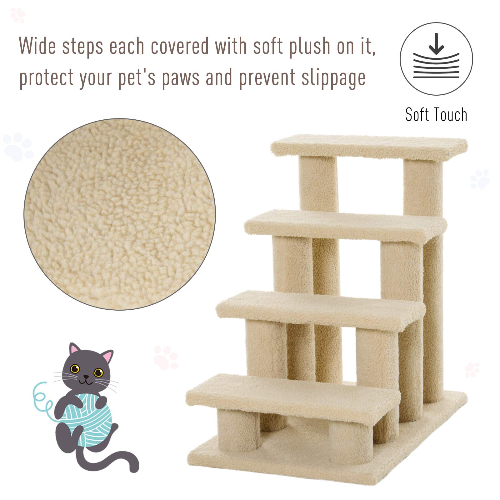 Pawhut 25'' 4-Step Multi-Level Carpeted Cat Scratching Post Pet Stairs - Light Brown