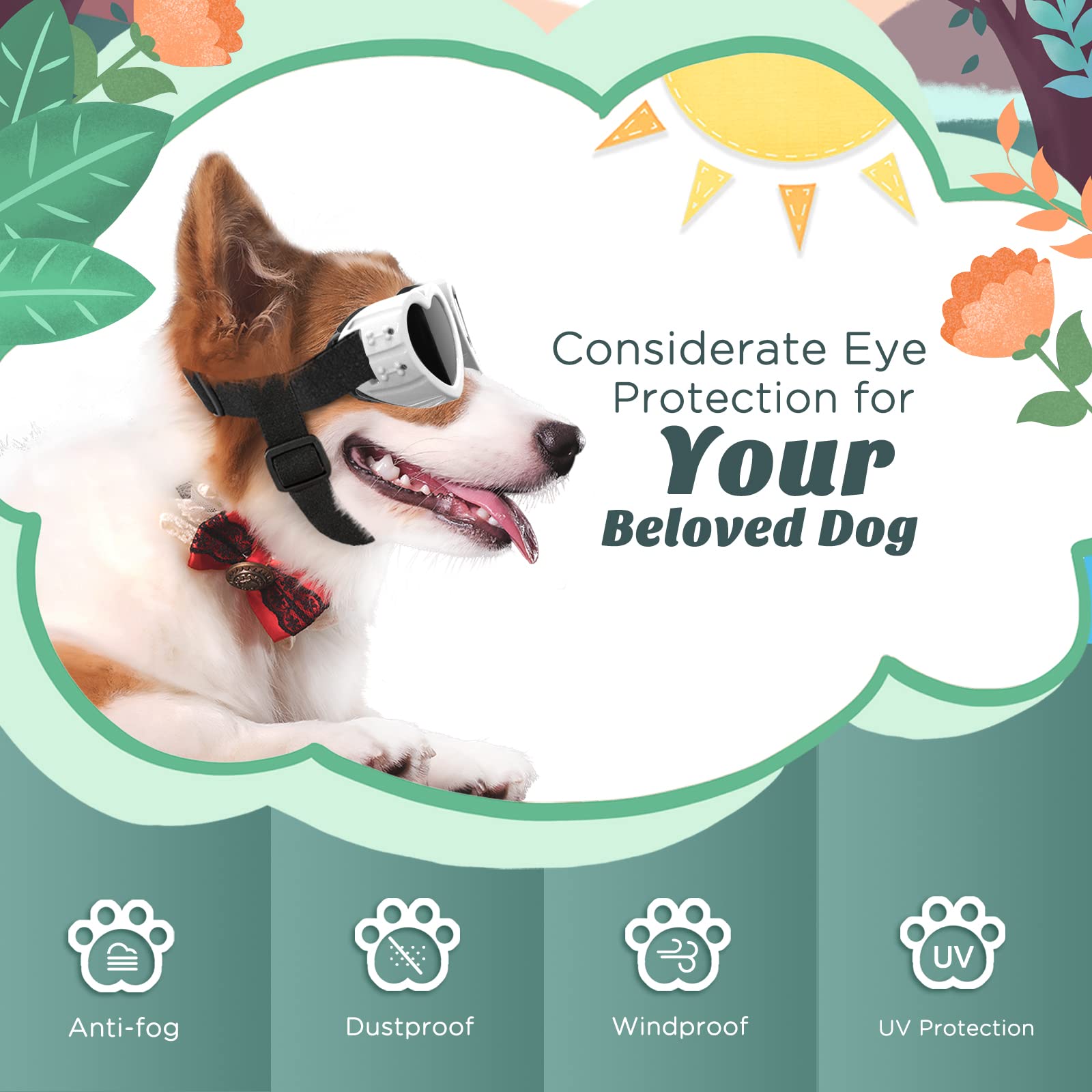 Lewondr Small Dog Sunglasses Uv Protection Goggles Eye Wear Protection With Adjustable Strap Doggy Heart Shape Anti-Fog Sunglasses For Pet Dogs Sun Glasses Doggie Windproof Glasses, White