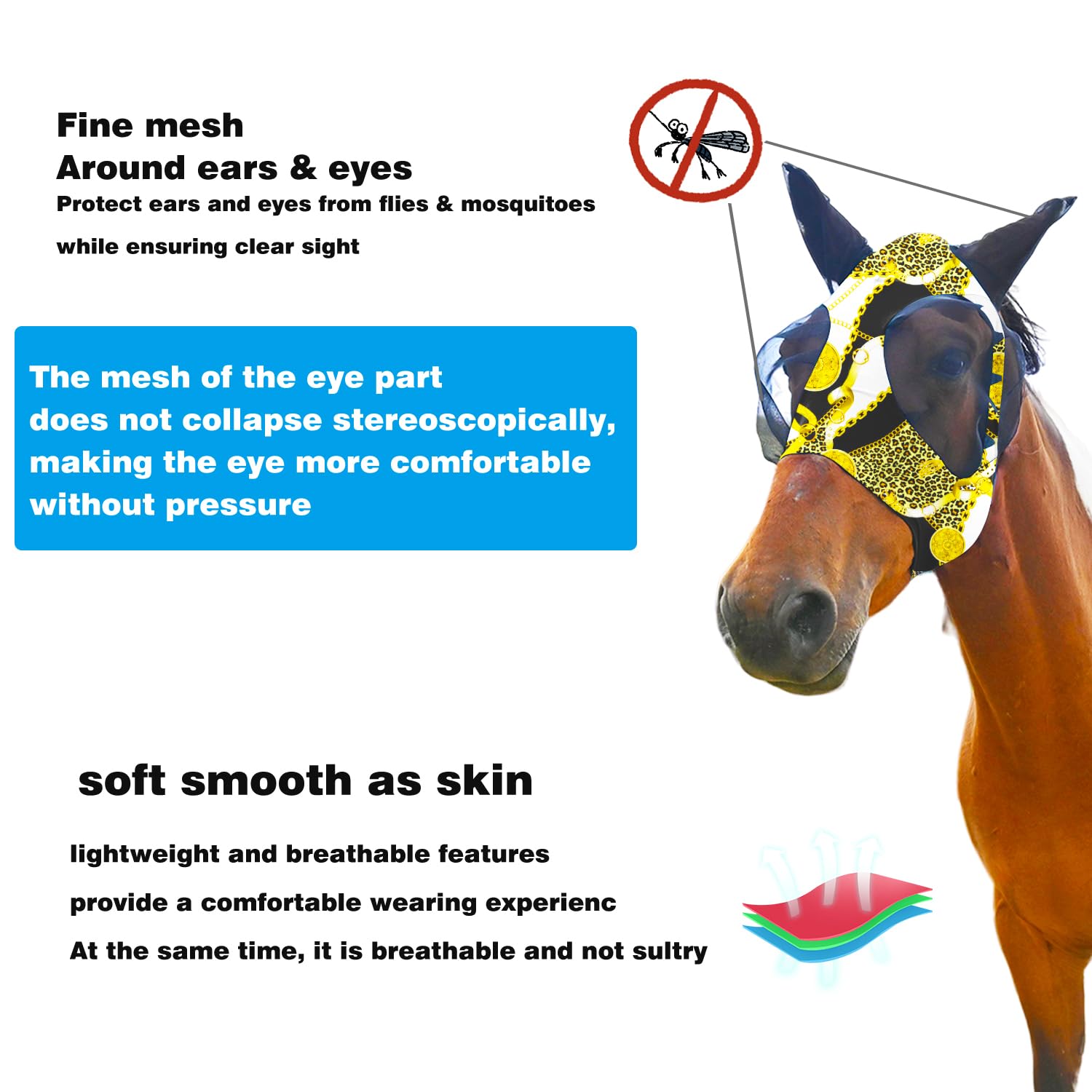 Super Comfort Fly Marsks for Horses of 5pcs Set-Horse FlyMask with Ears- Elasticity Fly Mask with UV Protection(Size:L