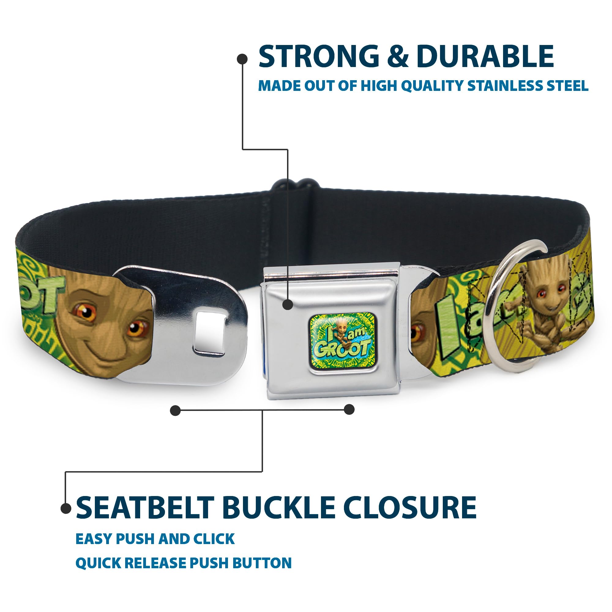 Buckle-Down Dog Collar Seatbelt Buckle Baby Groot Pose Face I Am Groot Browns Greens Yellows 16 To 23 Inches 1.5 Inch Wide, Multi Color (Dc-Sb-Mcjp-Wmc185-1.5-M)