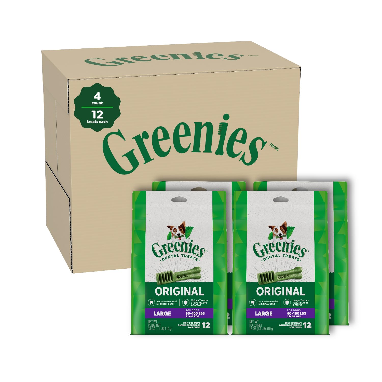 Greenies Original Large Dental Dog Treats, (4) 12 ct Packs (48 Treats Total)
