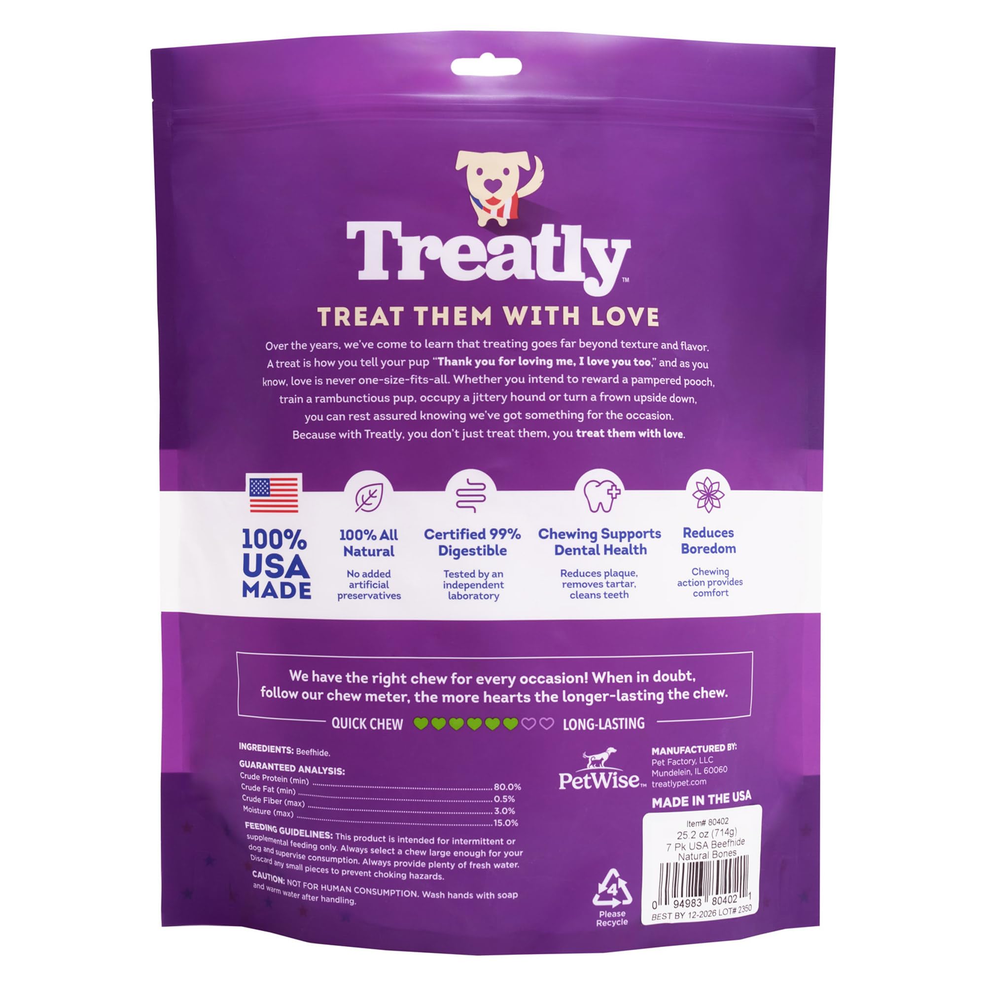 Treatly USA Beefhide Bones 7-8 Dog Chew Treats - Natural Flavor, 7 Count/1 Pack