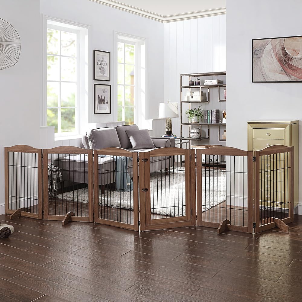unipaws Pet Playpen - 6 Panels Extra Wide Dog Gate, Foldable MDF & Wire Barrier, 132"W x 31.5"H, Walnut, Model UH5112