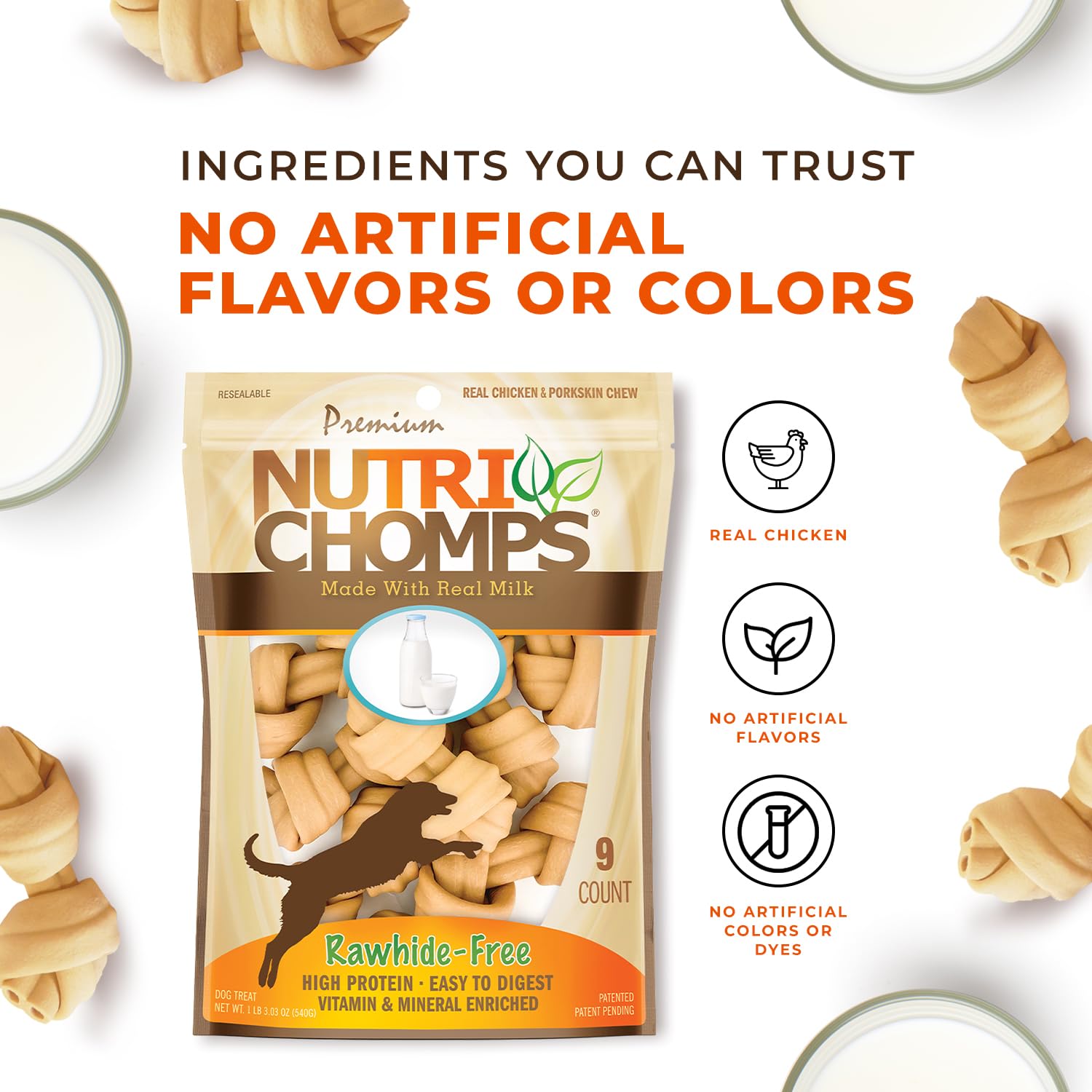 NutriChomps Dog Chews, 4-inch Knots, Easy to Digest, Rawhide-Free Dog Treats, 9 Count Real Milk flavor