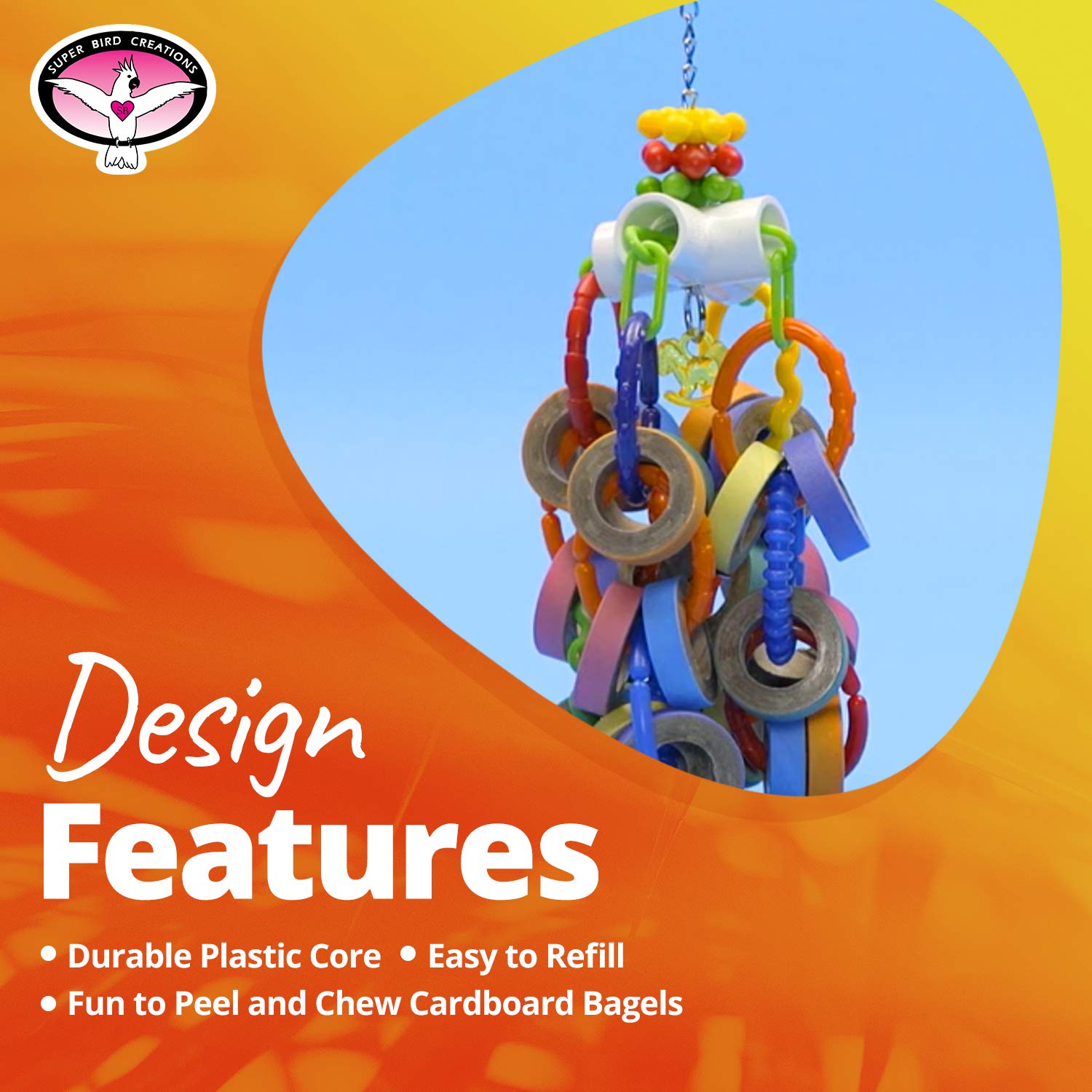 Super Bird Creations Sb1107 Bagel Cascade Bird Toy, Large Bird Size, Refillable Bagels, 15 X 4.5