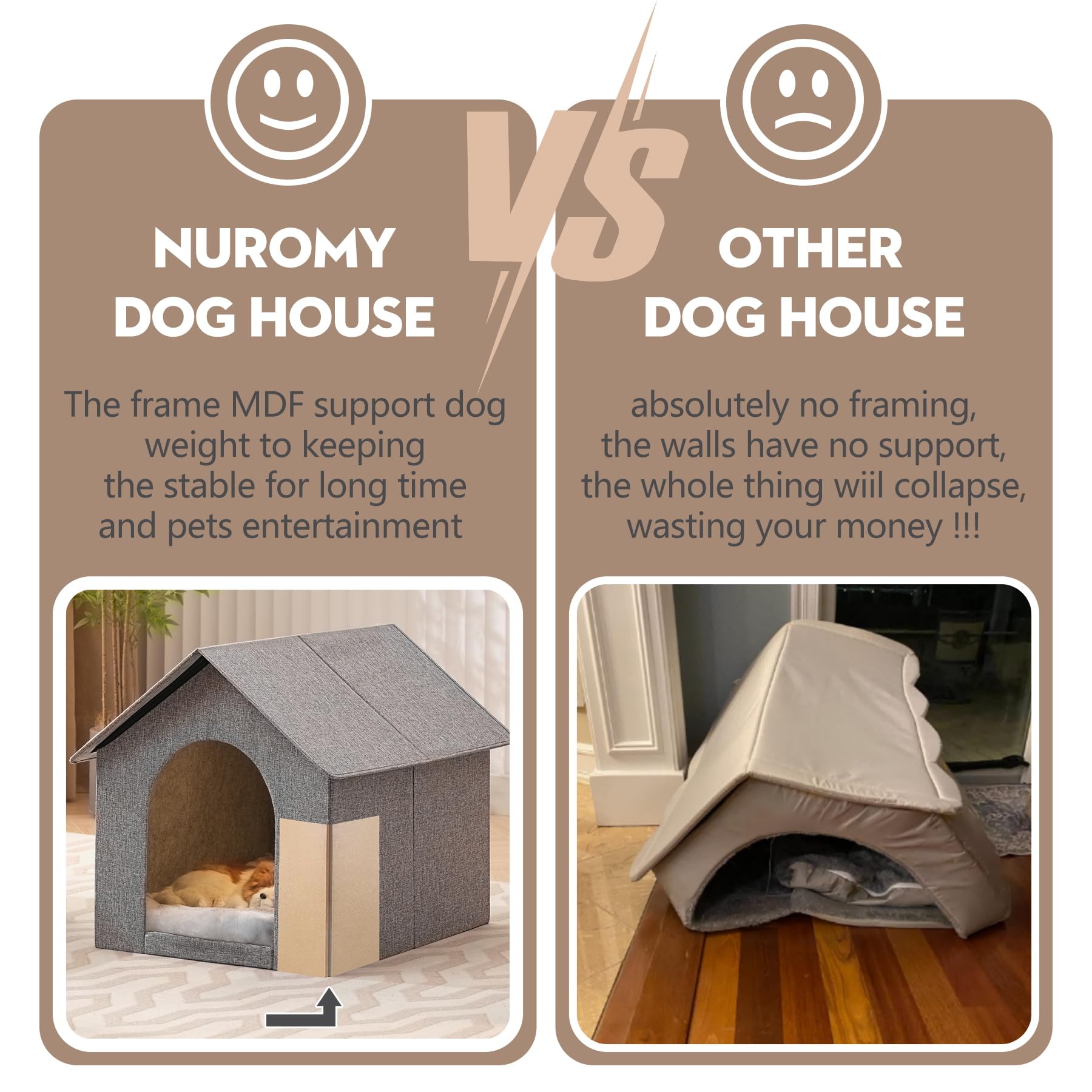 NUROMY Indoor Dog House - Large Size for Medium Dogs & Large Cats, Gray Nylon with Washable Plush Cushion, Model Indoor Feetless-Large