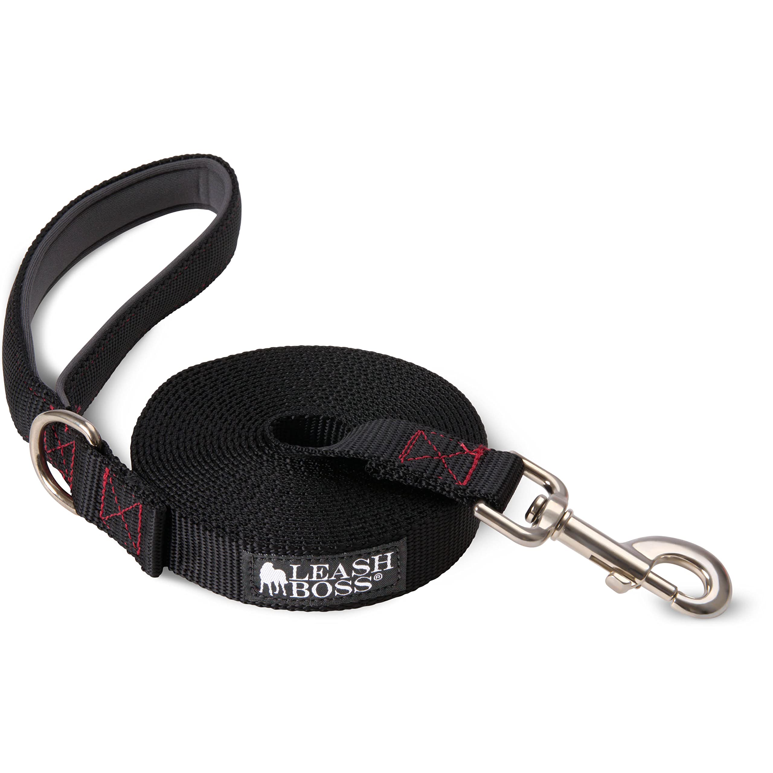 Leash Boss 15 Foot Dog Leash With Padded Handle - Long Leash For Hiking, Camping, Exploring, Or Walking (15 Ft, Black/Red/Grey)