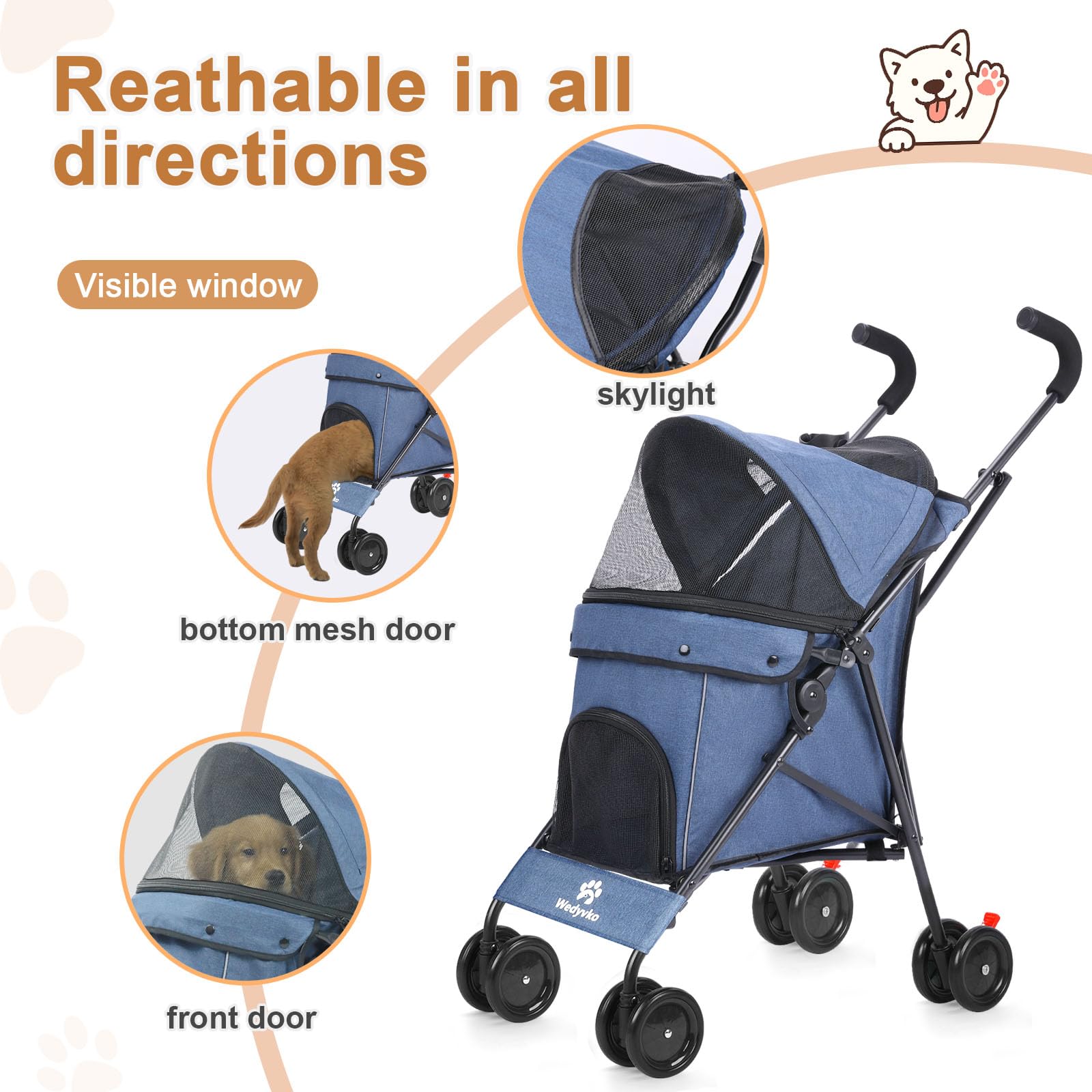 Wedyvko Travel Portable Dog Stroller, Pet Stroller for Small Puppy Dogs & Cats, Up to 33 lbs, Navy Blue