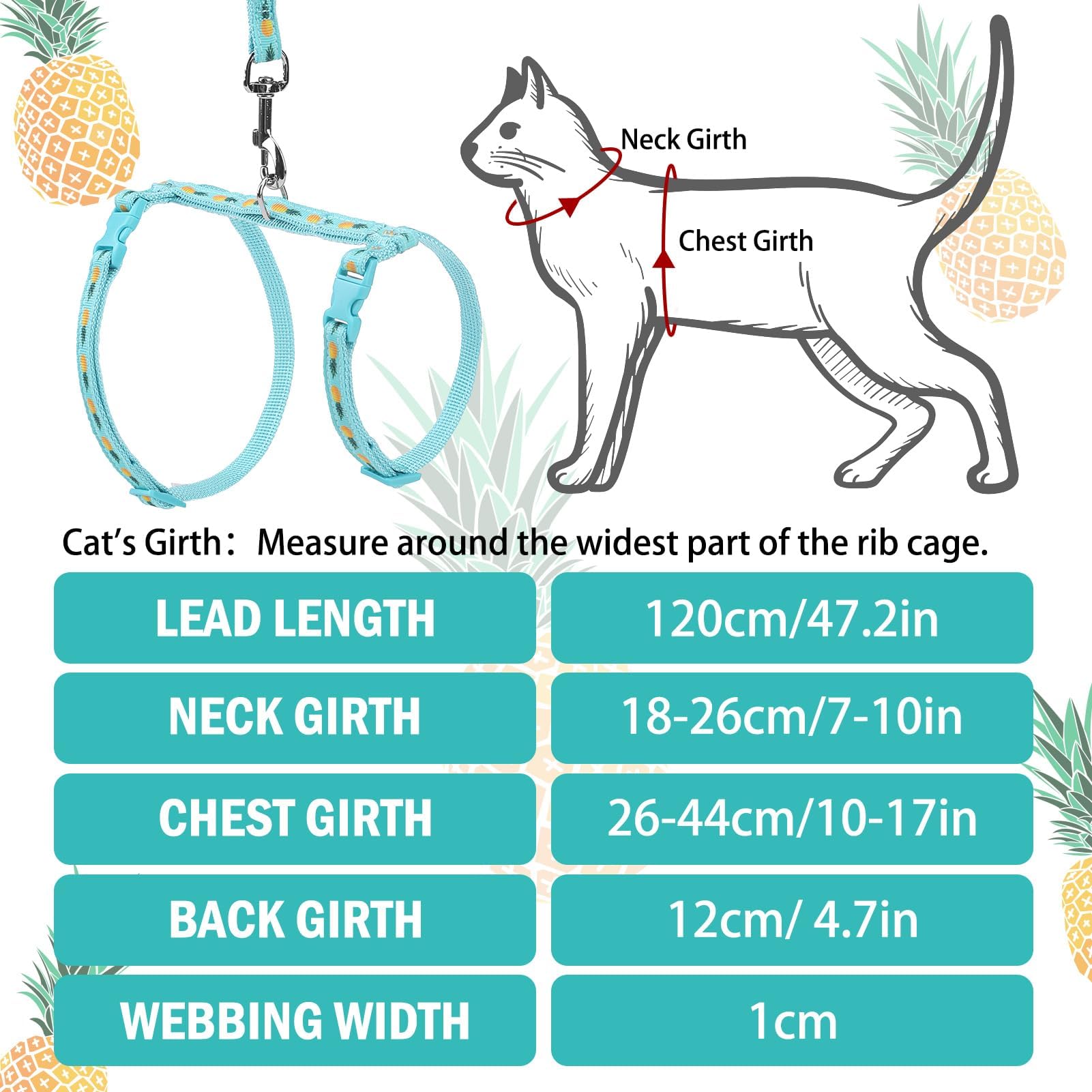Pupteck Adjustable Cat Harness And Leash Set Escape Proof Kitten Strap Collar For Walking Travel, Pineapple