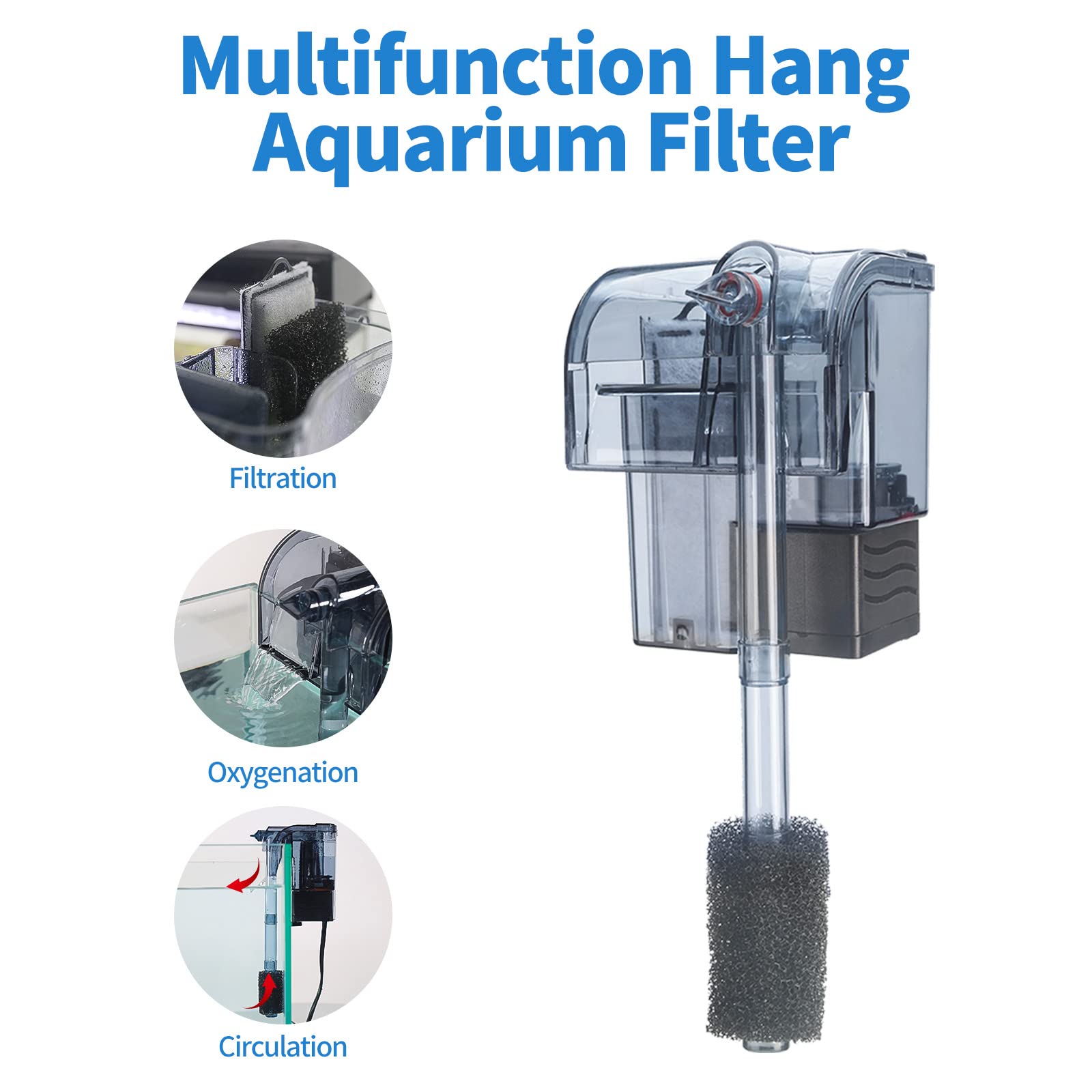 Boxtech Aquarium Hang On Filter - Power Waterfall Suspension Oxygen Pump - Submersible Hanging Activated Carbon Biochemical Wall