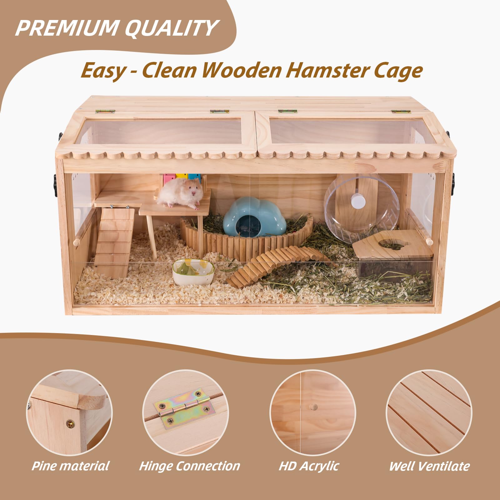 Wooden Hamster Cage, 32X16Guinea Pig Cage, Small Animal Cage For Dwarf Syrian Hamsters Degus Mice & Other Small Pets. Large