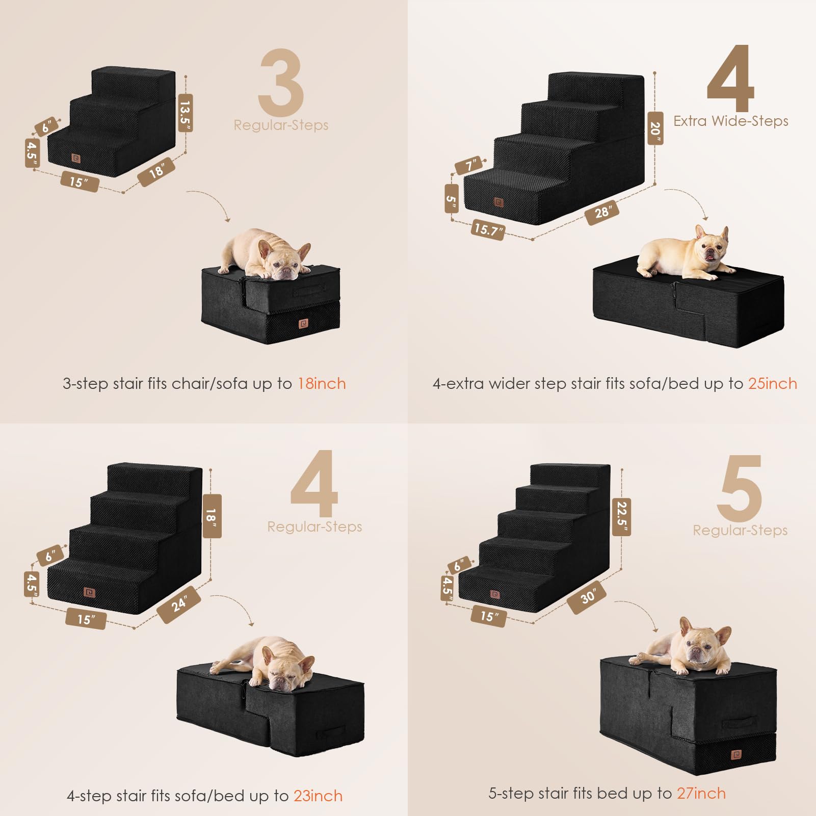 Eheyciga Dog Stairs For Bed 20”H, 4-Step Extra Wide Dog Steps For High Bed, Pet Steps For Small Dogs And Cats, Non-Slip Balanced Dog Indoor Ramp, Black