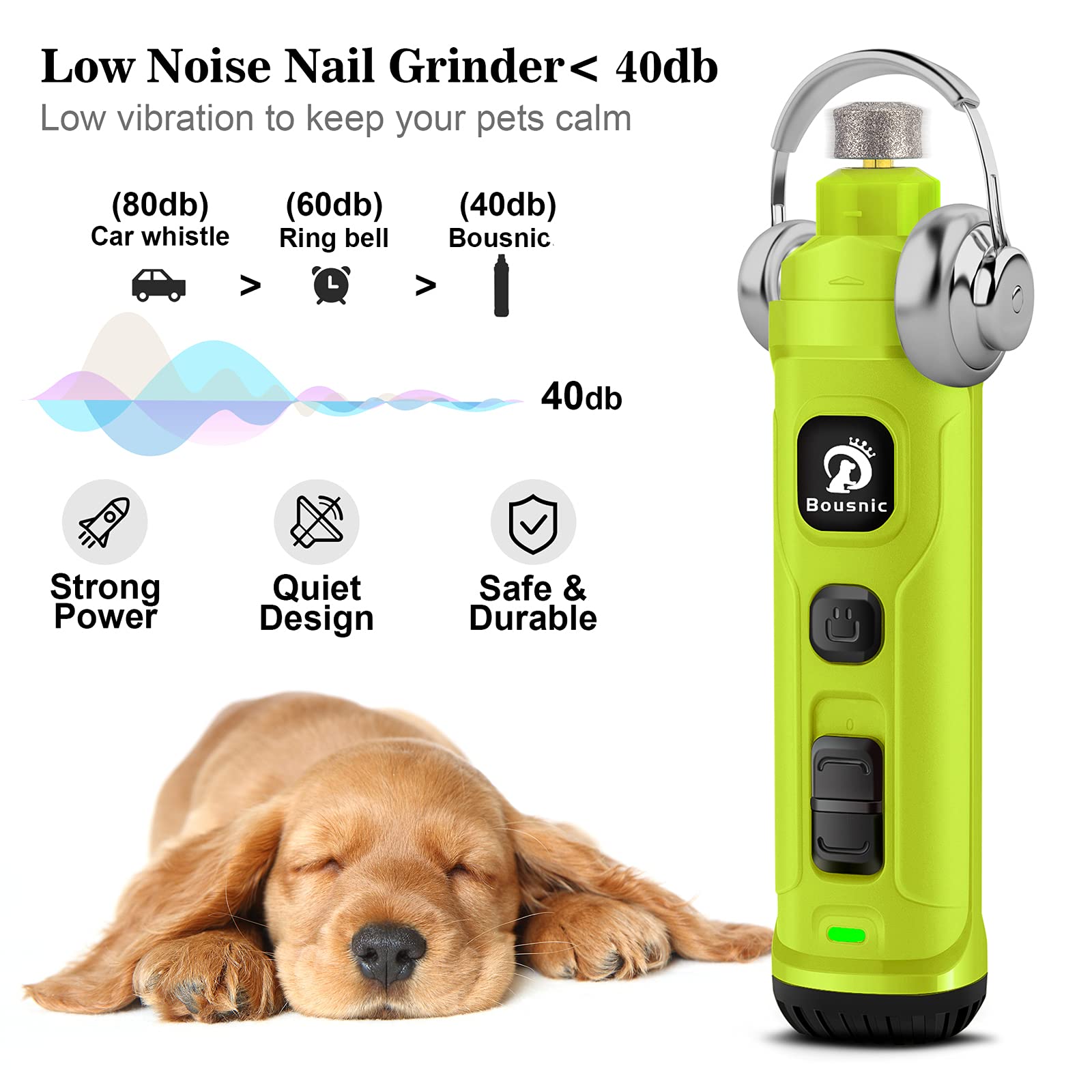 Bousnic Dog Nail Grinder With 2 Led Light - Super Quiet Pet Nail Grinder Powerful 2-Speed Electric Dog Nail Trimmer File Toenail Grinder For Puppy Small Medium Large Breed Dogs & Cats (Green)