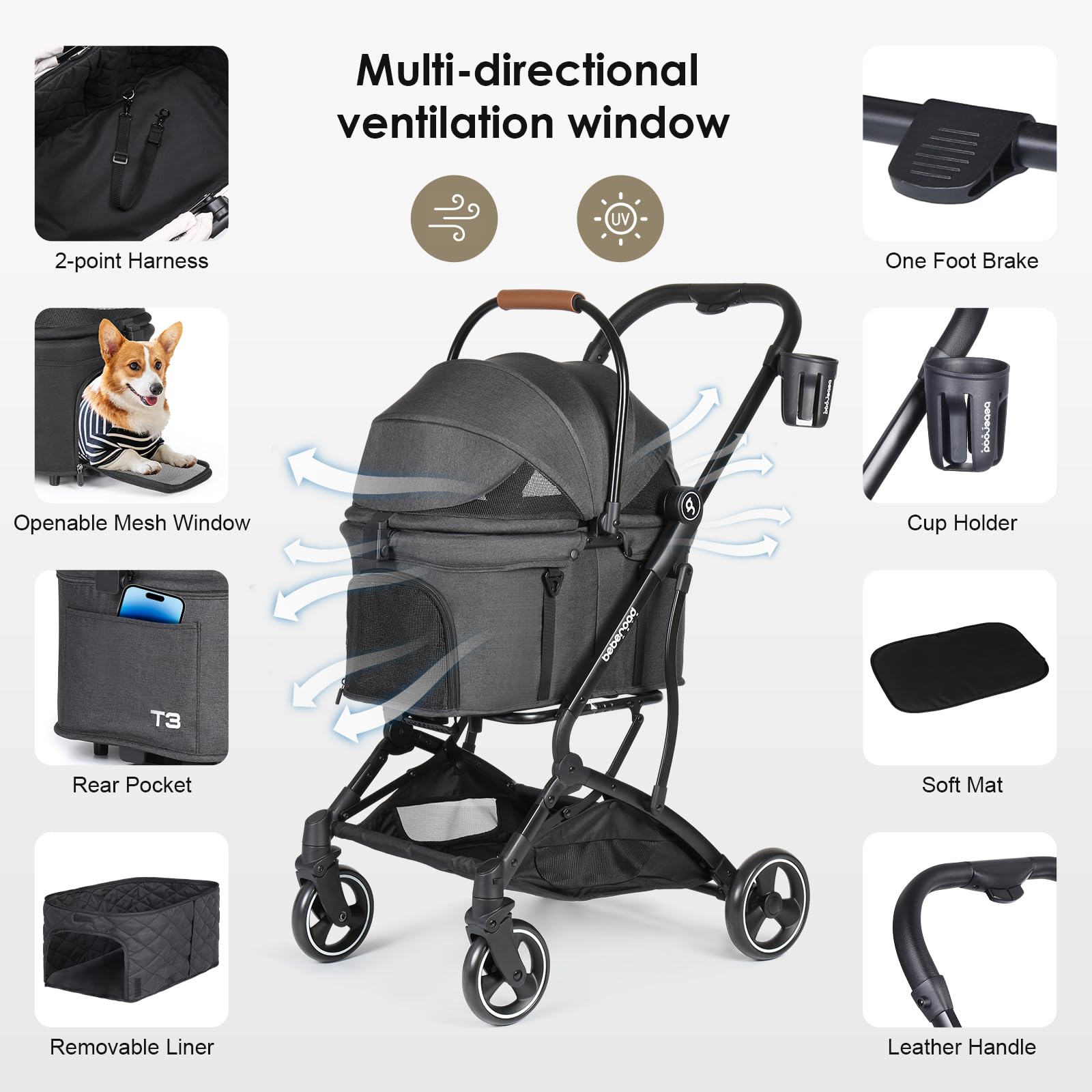 BEBEROAD PETS T3 3-in-1 Pet Stroller for Dogs & Cats, Black, Detachable Carrier, Canopy & Cup Holder