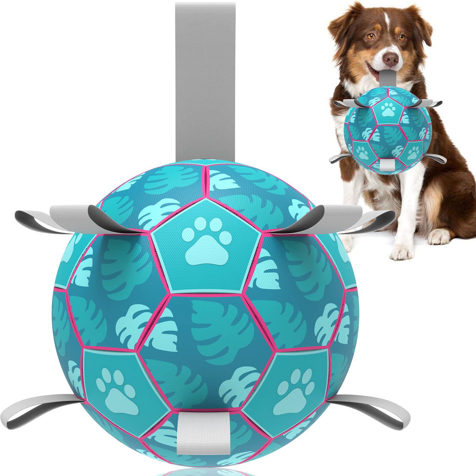 Qdan Dog Toys Soccer Ball, Interactive Dog Toys For Tug Of War, Puppy Birthday Gifts,Dog Tug Toy, Dog Water Toy, Durable Dog Balls For Small & Medium Dogs-Lake Blue(8 Inch)