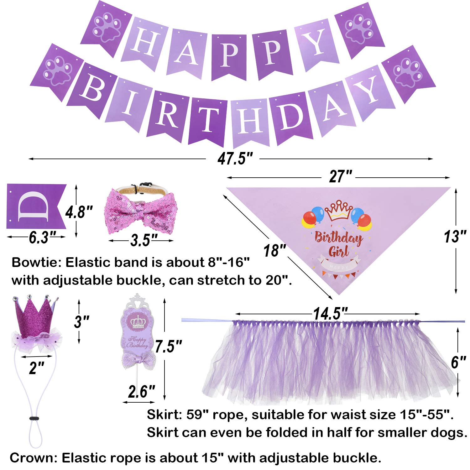 Cozifree Dog Birthday Bandana Girl Boy 6Pcs Birthday Party Supplies - Tutu Skirt Crown Hat Scarf Tie Happy Birthday Banner Cake Topper Decorations Birthday Outfit For Pet Puppy Cat Purple