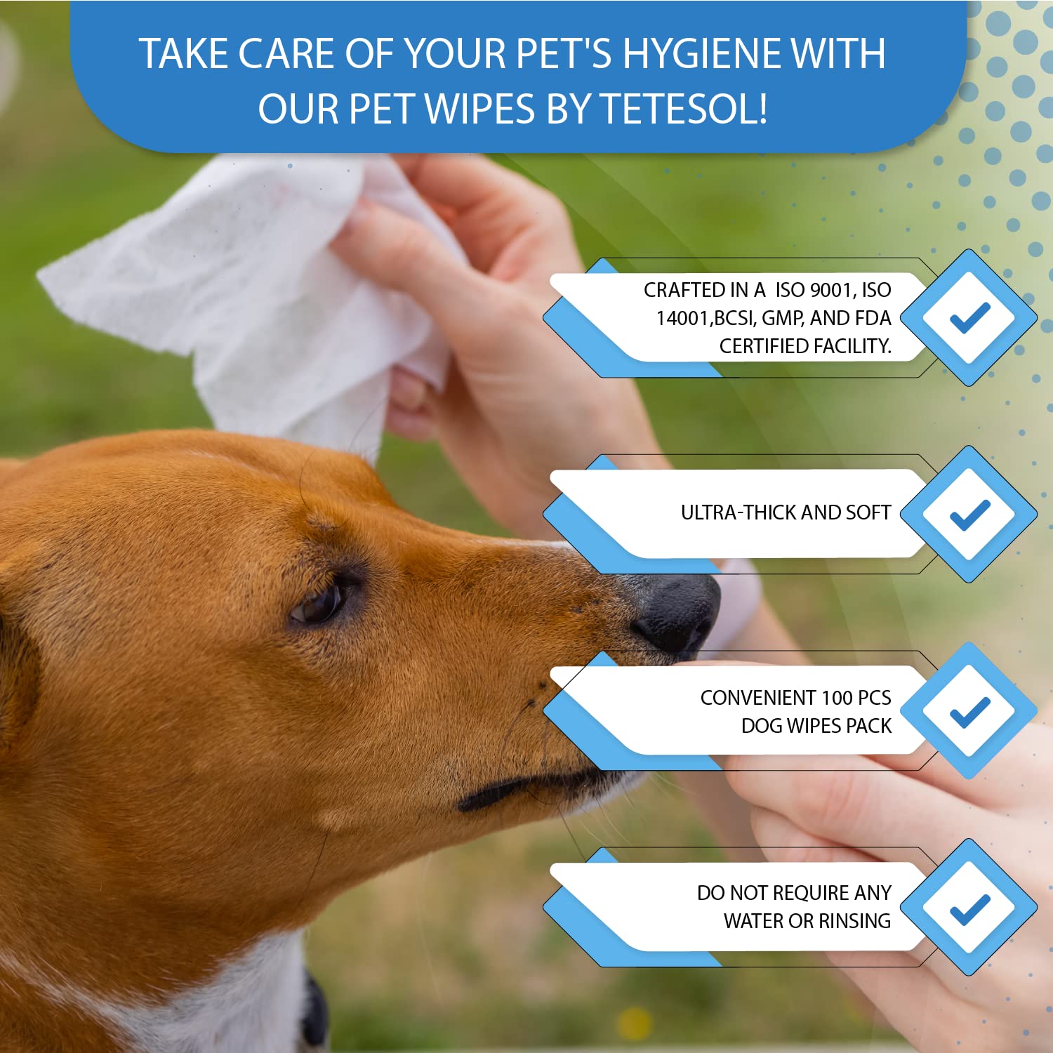 Tetesol Dog Wipes For Pets Cats-100 Count All Purpose Unscented Wet Wipes For Paw Butt Cleaning,Grooming,Alcoholfree,Vitamin E,Ph Balanced