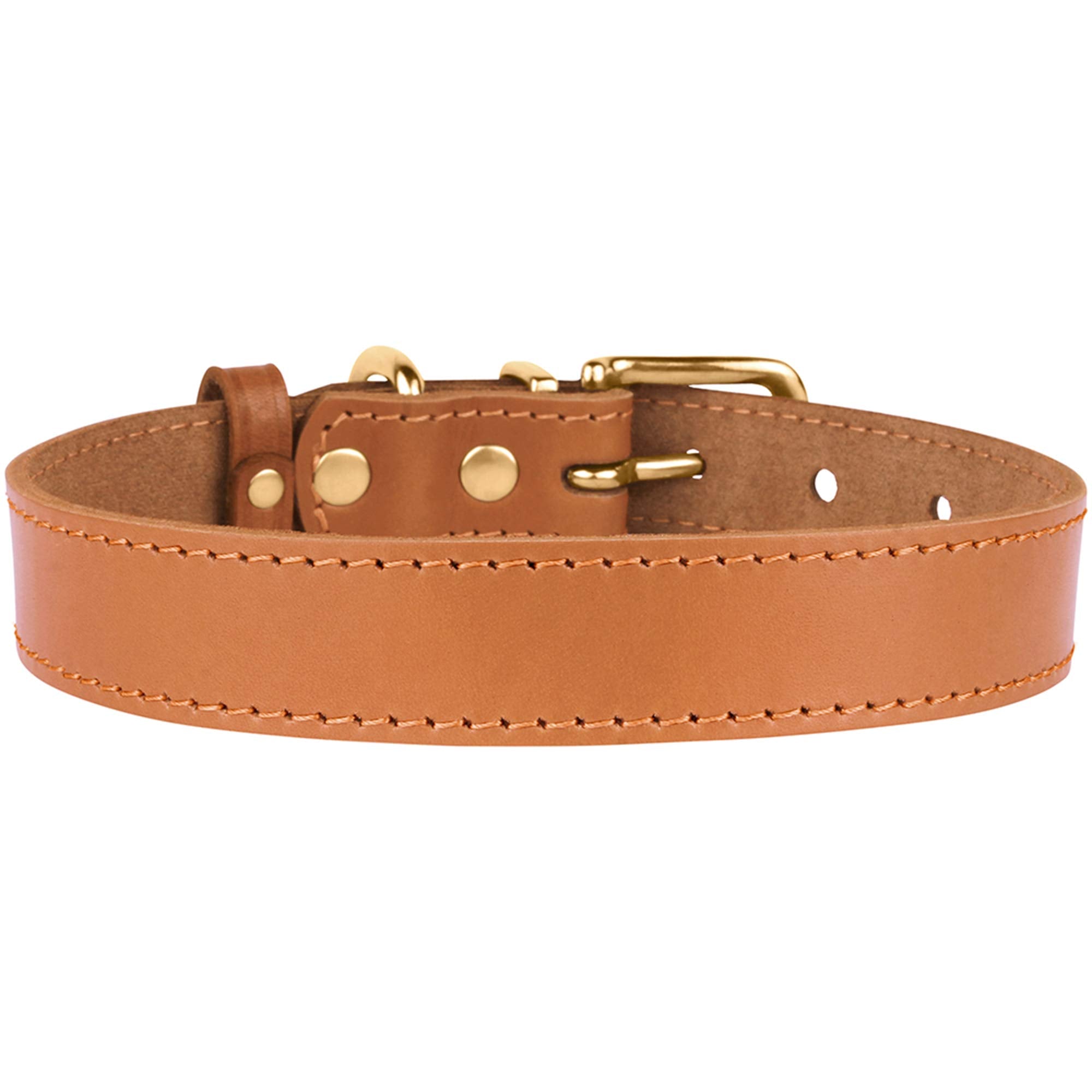 Bronzedog Leather Dog Collar With Metal Buckle Durable Basic Pet Collars For Small Medium Large Dogs (19-21 Inch (Pack Of 1), Light Brown & Gold Buckle)
