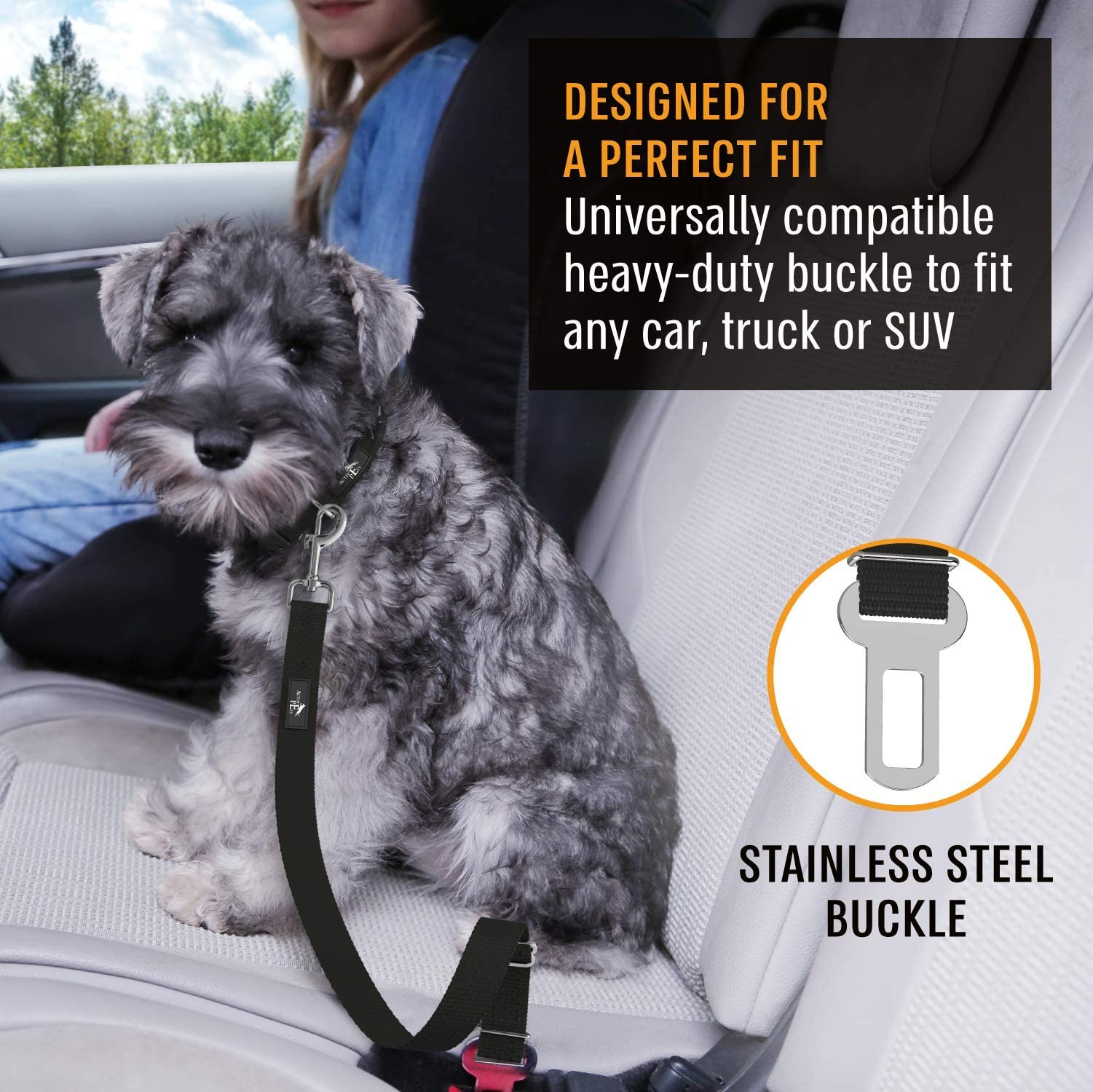 Active Pets Dog Car Harness - Nylon Seatbelt for Small & Large Dogs - Black - 1 Pack - Model UO-1DE5-0ZJ2