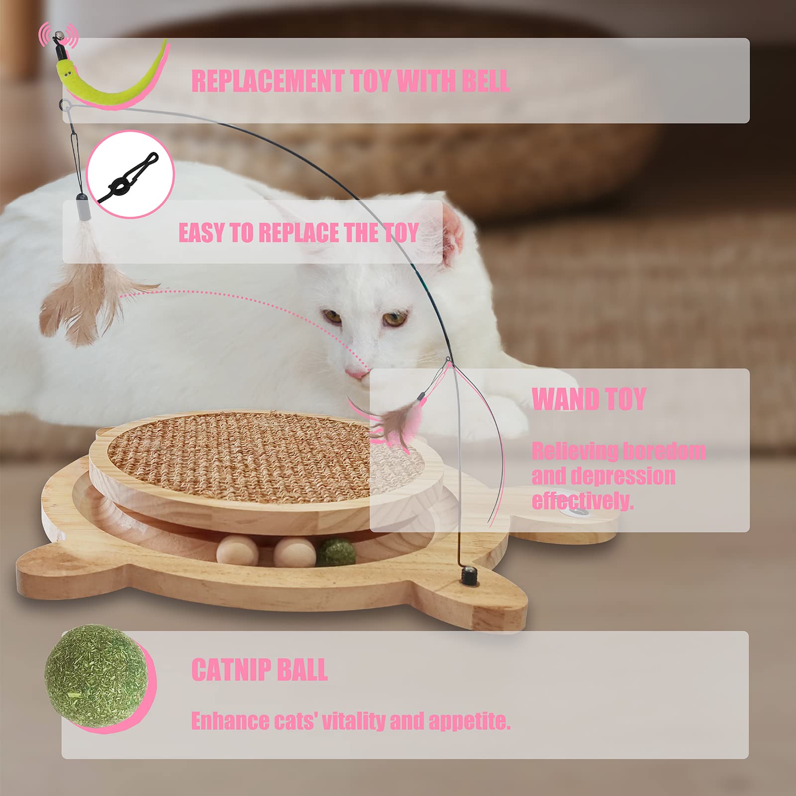 Petest Interactive Cat Toy Cat Scratch Toy Natural Sisal Cat Scratcher With Catnip Balls, Cat Scratch Pad With Cat Toy Roller, Turtle Design