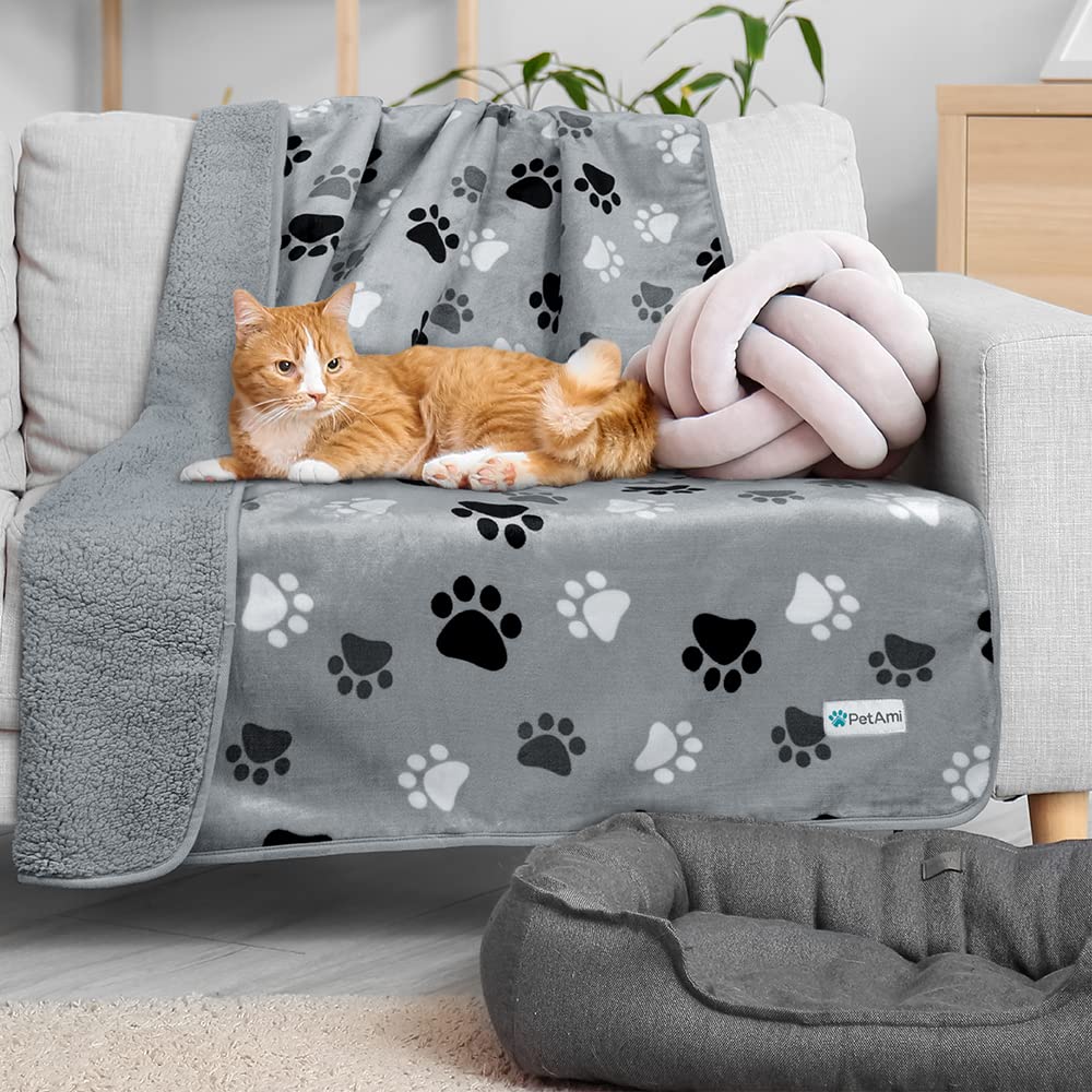 Petami Waterproof Dog Blanket For Medium Large Dogs, Pee Proof Pet Blanket Sherpa Fleece Couch Cover, Reversible Cat Throw Bed Sofa Protector, Soft Plush Washable Pad (Large 40X60, Paw Print Gray)