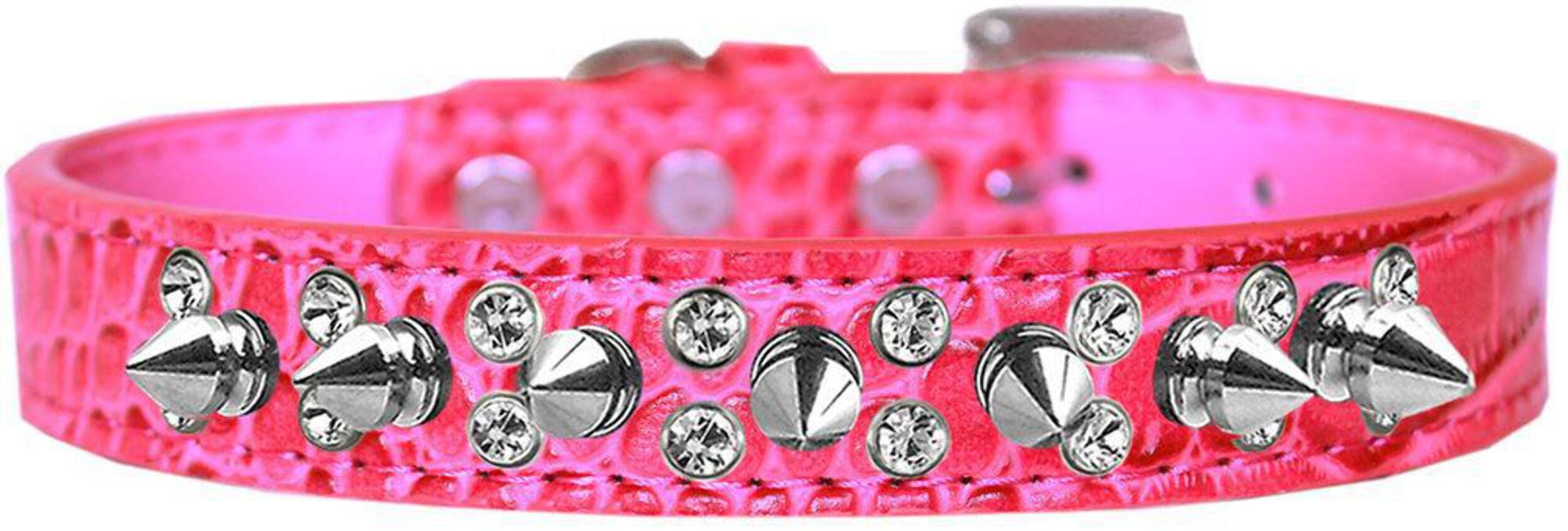 Dog, Puppy and Pet Designer Croc Collar, "Double Crystal & Silver Spikes" Light Pink 12
