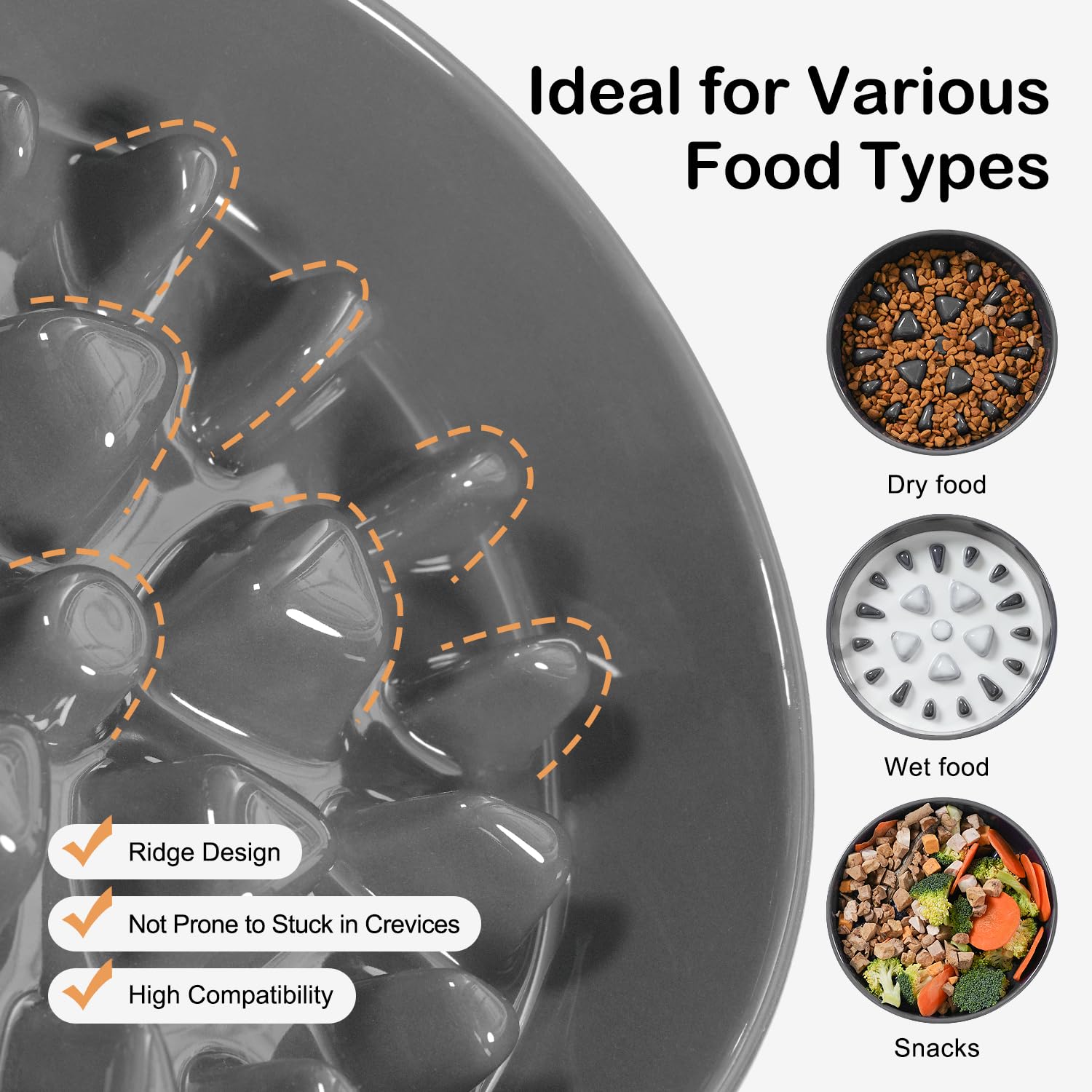 Sted Ceramic Slow Feeder Dog Bowl, Medium 8" Grey with Silicone Base, Perfect for Fast Eaters