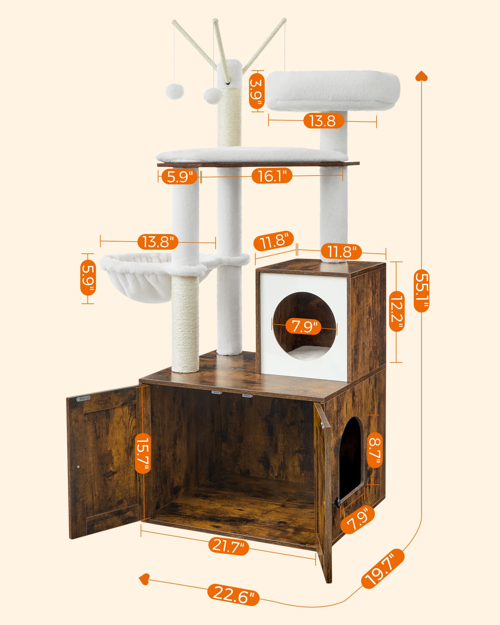 FEANDREA Cat Tree with Litter Box Enclosure, 22.6"x19.7"x55.1", Rustic Brown, 2-in-1 Design, Plush Material, Scratching Posts