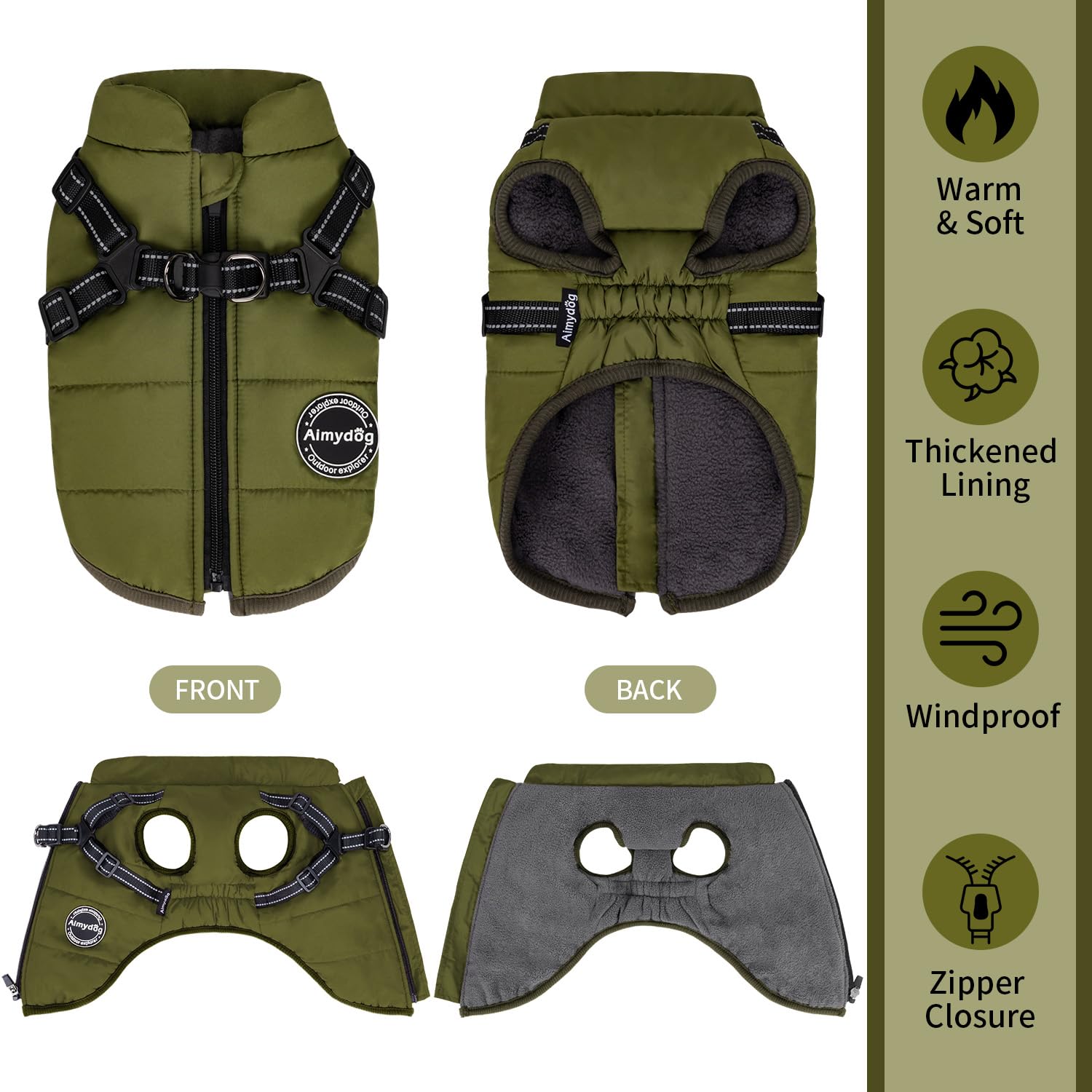 Aimydog Dog Winter Coat, Reflective Fleece Vest with Harness, Windproof Snowsuit for Small Medium Dogs, XS, Green