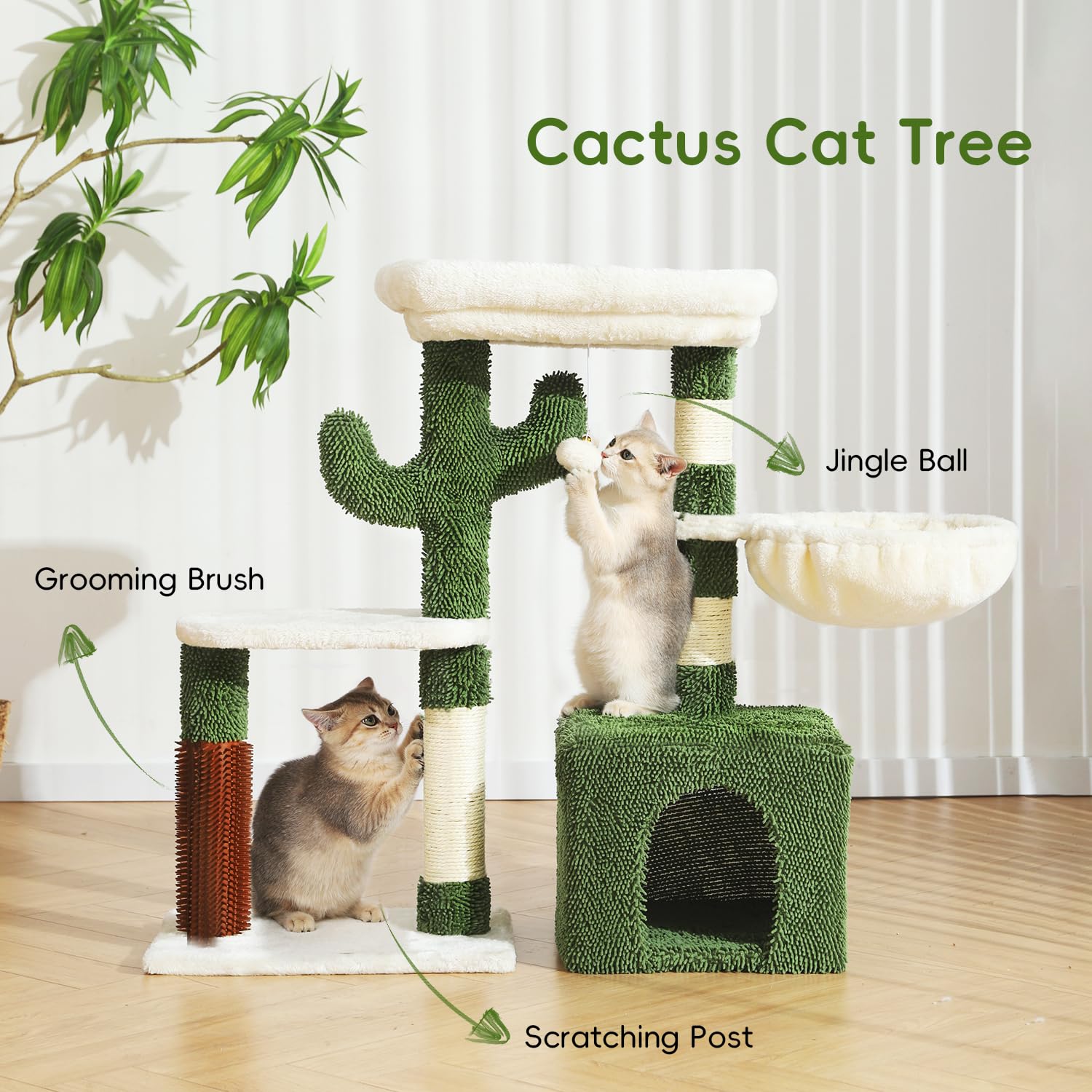 HOOPET 32-Inch Cactus Cat Tree for Small Cats, Plush Perch, Sisal Scratching Posts, Green, Model MPJ008