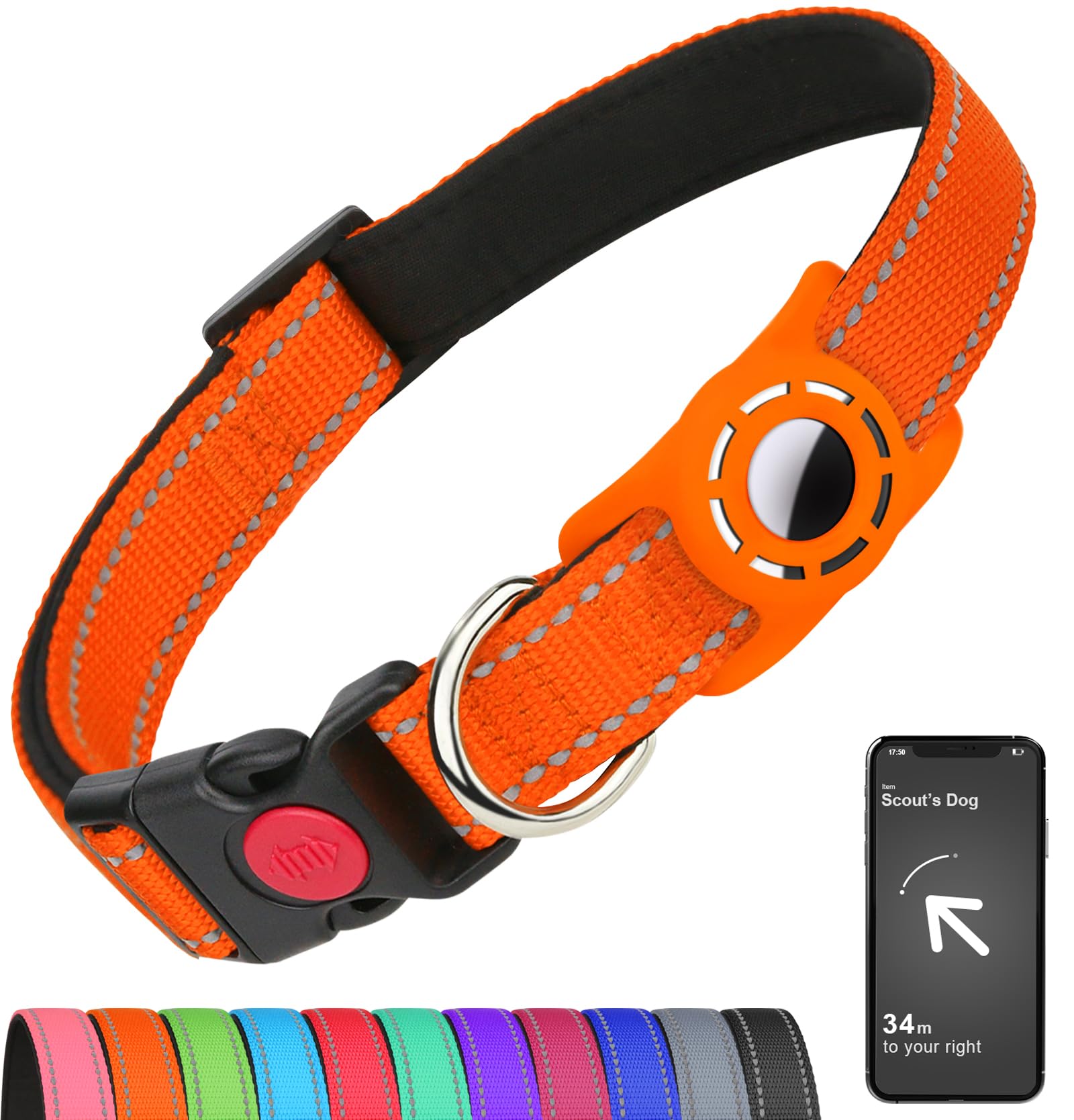 Erbine Airtag Dog Collar For Large Dogs, Reflective Dog Collars With Airtag Holder, Soft Padded & Safety Locking Buckle, Nylon Pet Collar Adjustable For All Breeds, Black