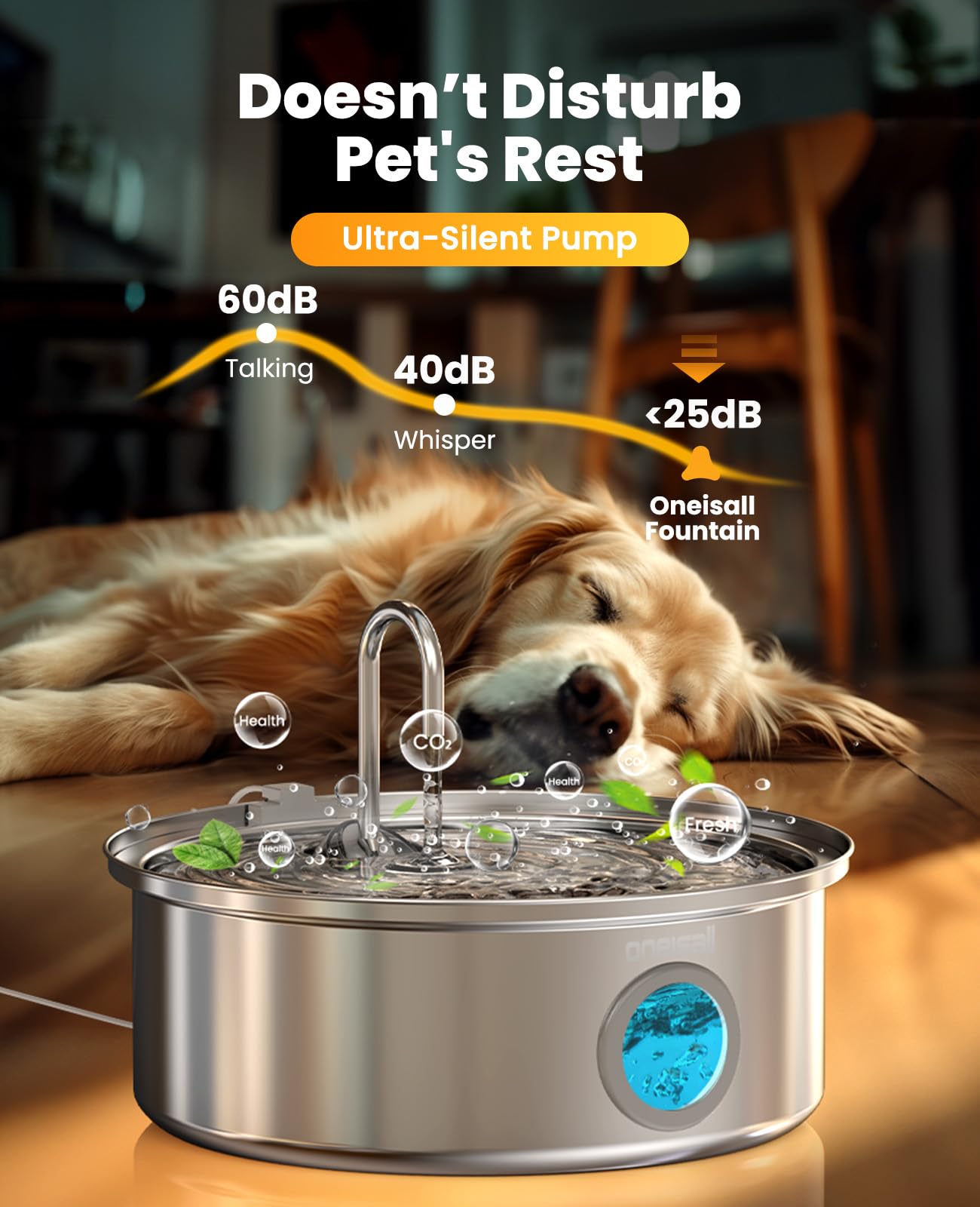 oneisall Dog Water Fountain, 7L Stainless Steel, Quiet Design with Visual Water Level & Triple Filtration for All Breeds